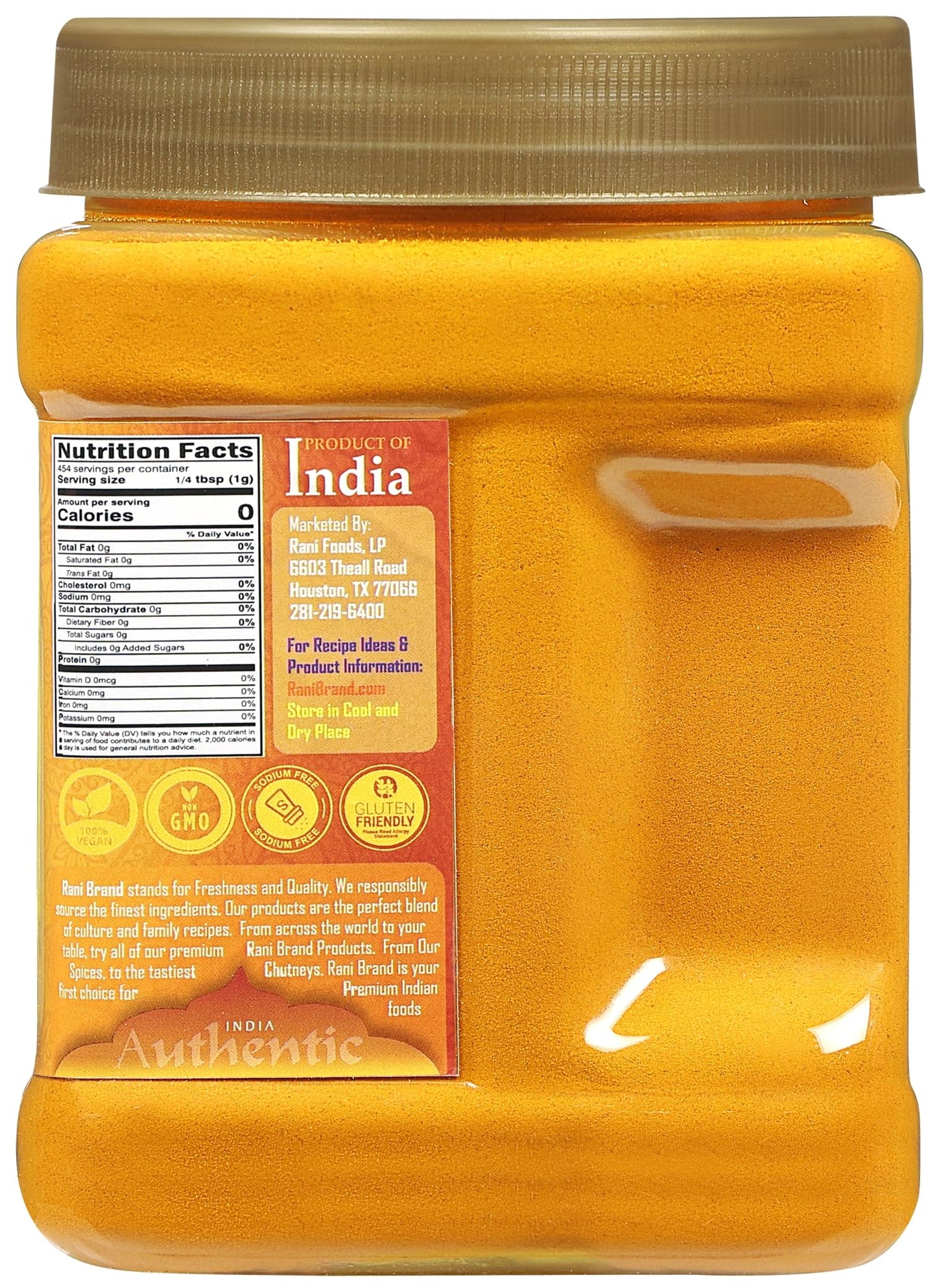 Rani Turmeric (Haldi) Root Powder Spice  (High Curcumin Content) 16oz (1lb) 454g PET Jar ~ All Natural | 100% Pure  Salt Free | Vegan | Gluten Friendly | NON-GMO | Kosher | Indian Origin