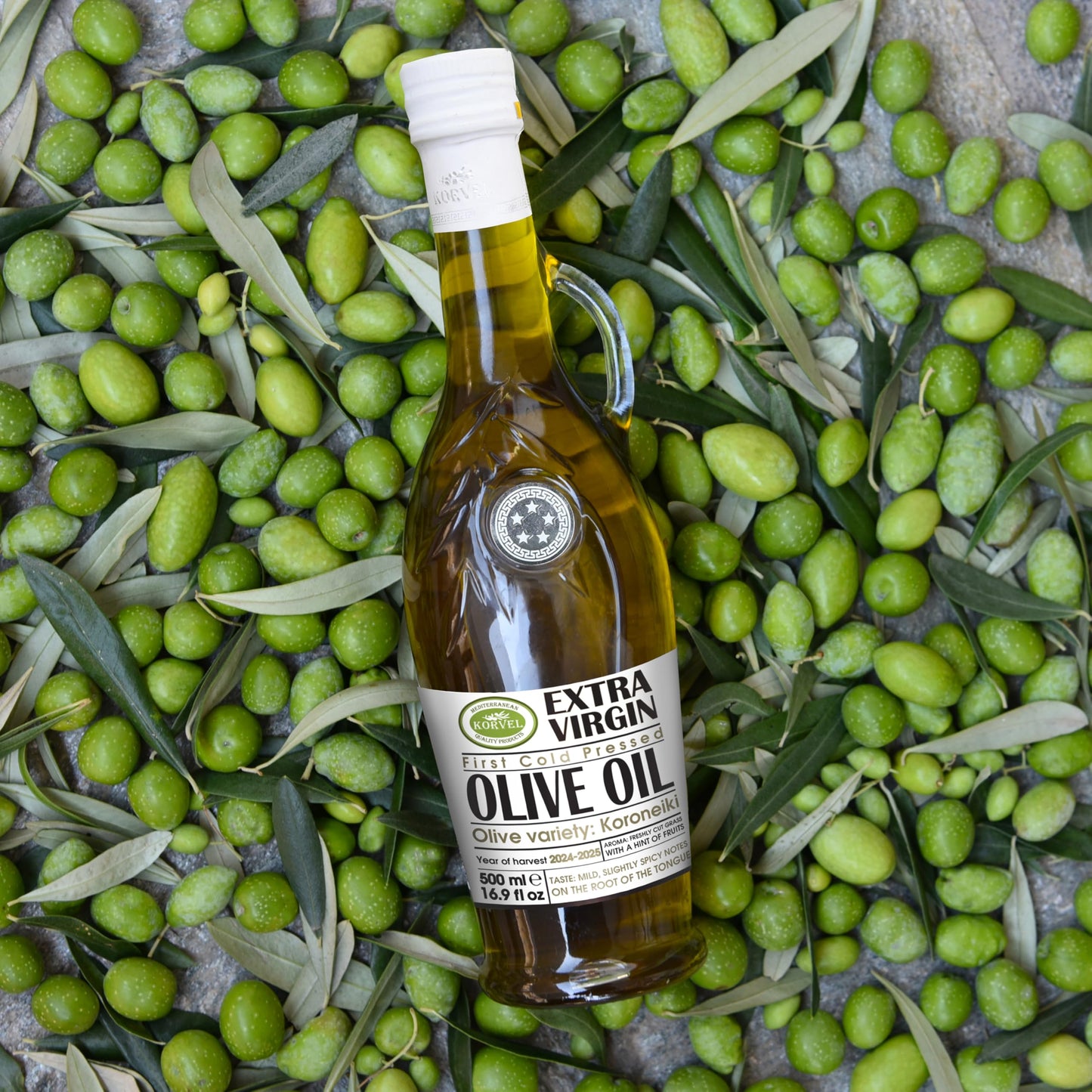 Extra Virgin Olive Oil, KORVEL, glass bottle Amphora 500 ml, 16.9 fl oz