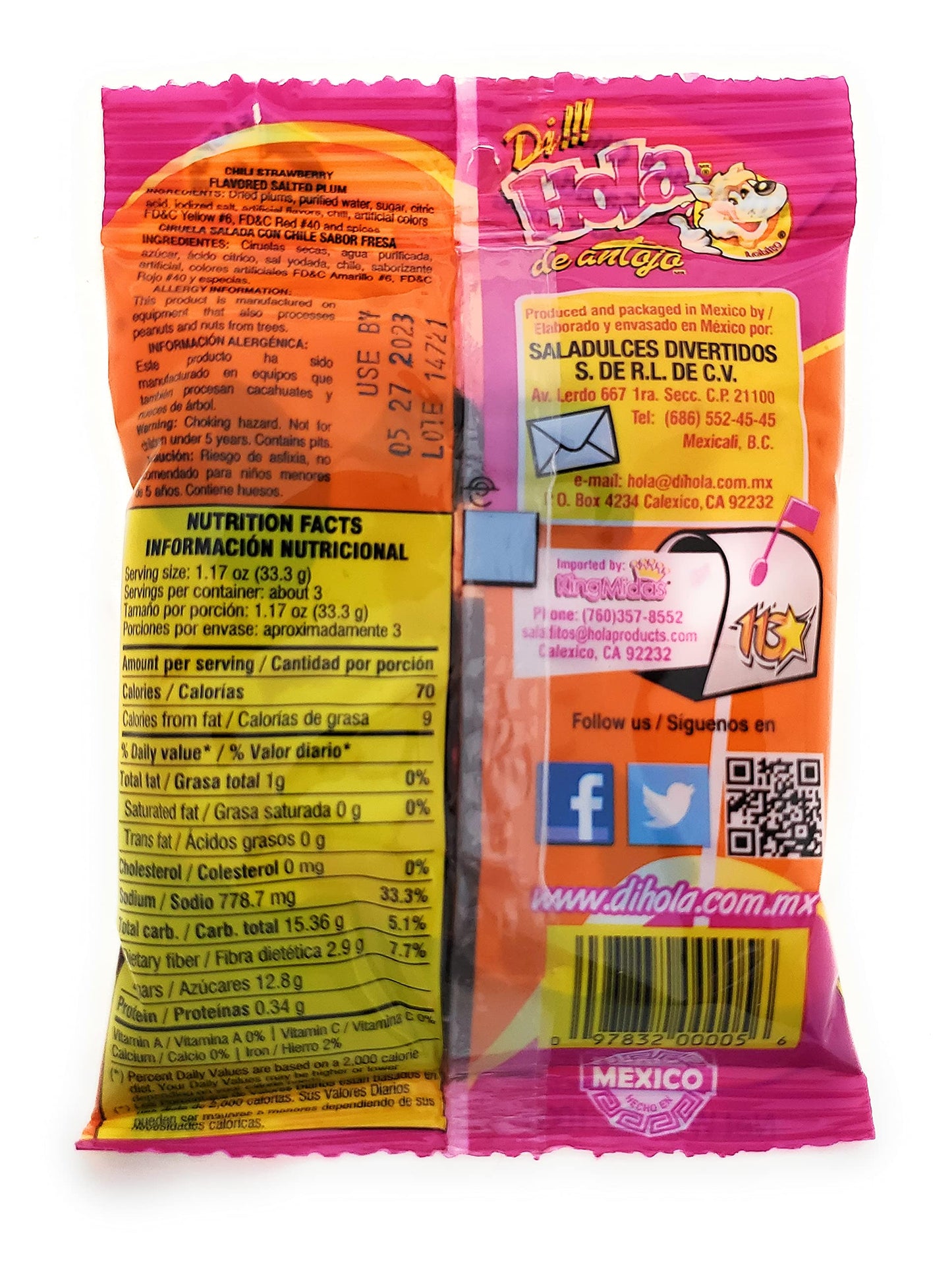 Salado Enmielado Con Chile - Saladulces Hola Lobito - Strawberry Flavored Salted Plums - 3.5 Oz - 3 Units
