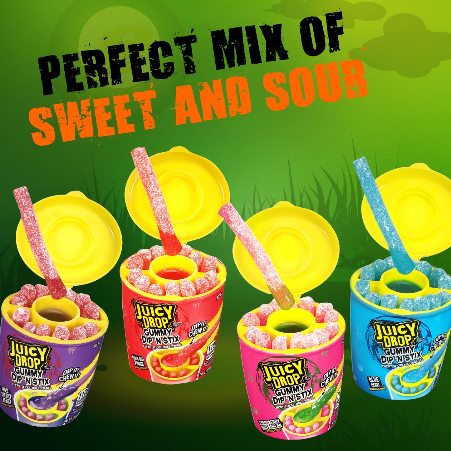 Juicy Drop Gummy Dip 'N Stix - 8 Count Assorted Sour Candy Variety Pack for Birthdays and Parties