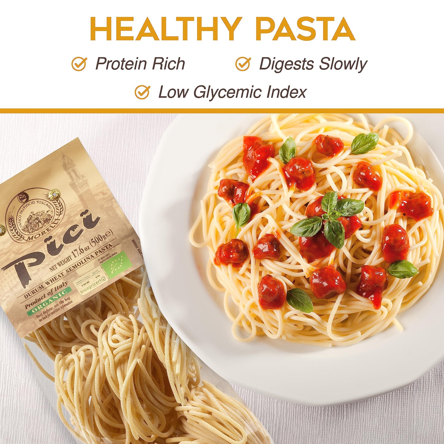 MORELLI Pici Pasta di Toscana - Organic Thick Noodles - 17.6oz (Pack of 12) - Italian Pici Pasta