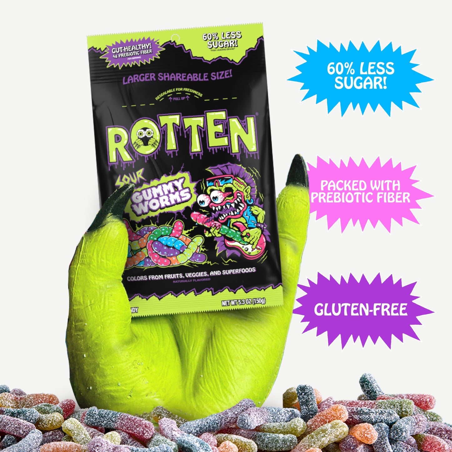 Rotten Sour Gummy Worms - Low Sugar, Low Calorie, 7G Gut-Friendly Prebiotic Fiber And 3G Protein, Gluten Free Candy - 5.3 Oz Share Pack [2 Pack]