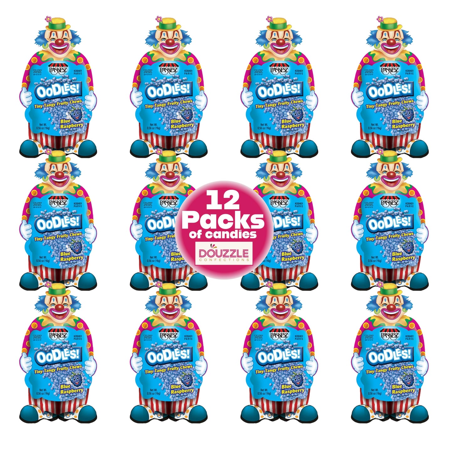 Douzzle Oodles Clown Shaped, Blue Raspberry Tiny Tangy Chews (12 Count, Pack Of 1) Individually Wrapped Candies, Birthday Party