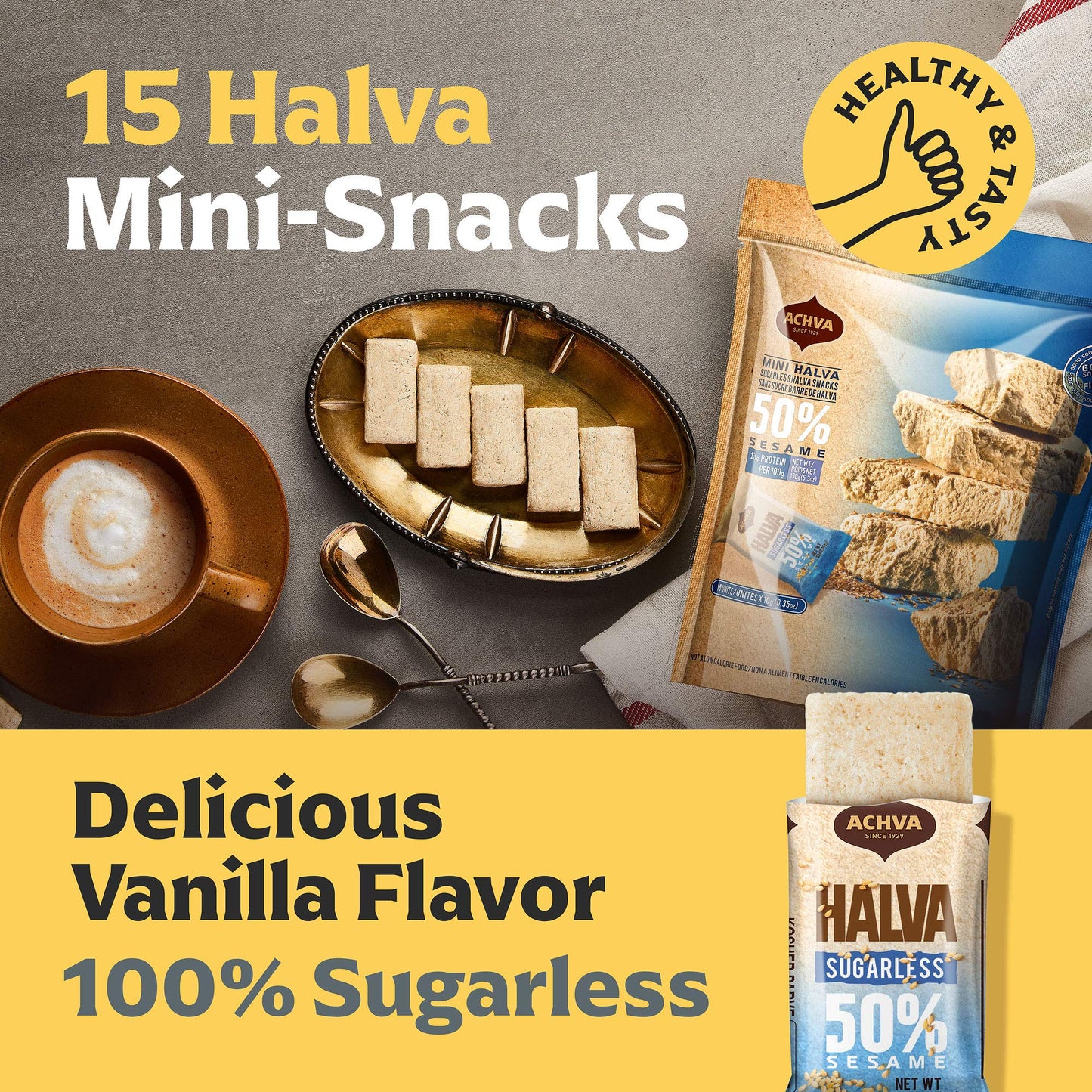 Halva Sugarless Tahini Bar Mini Snacks - Assortment Of 15 Snack-Sized Vanilla Flavor Halvah- Vegan, Kosher Snacks With No Gluten