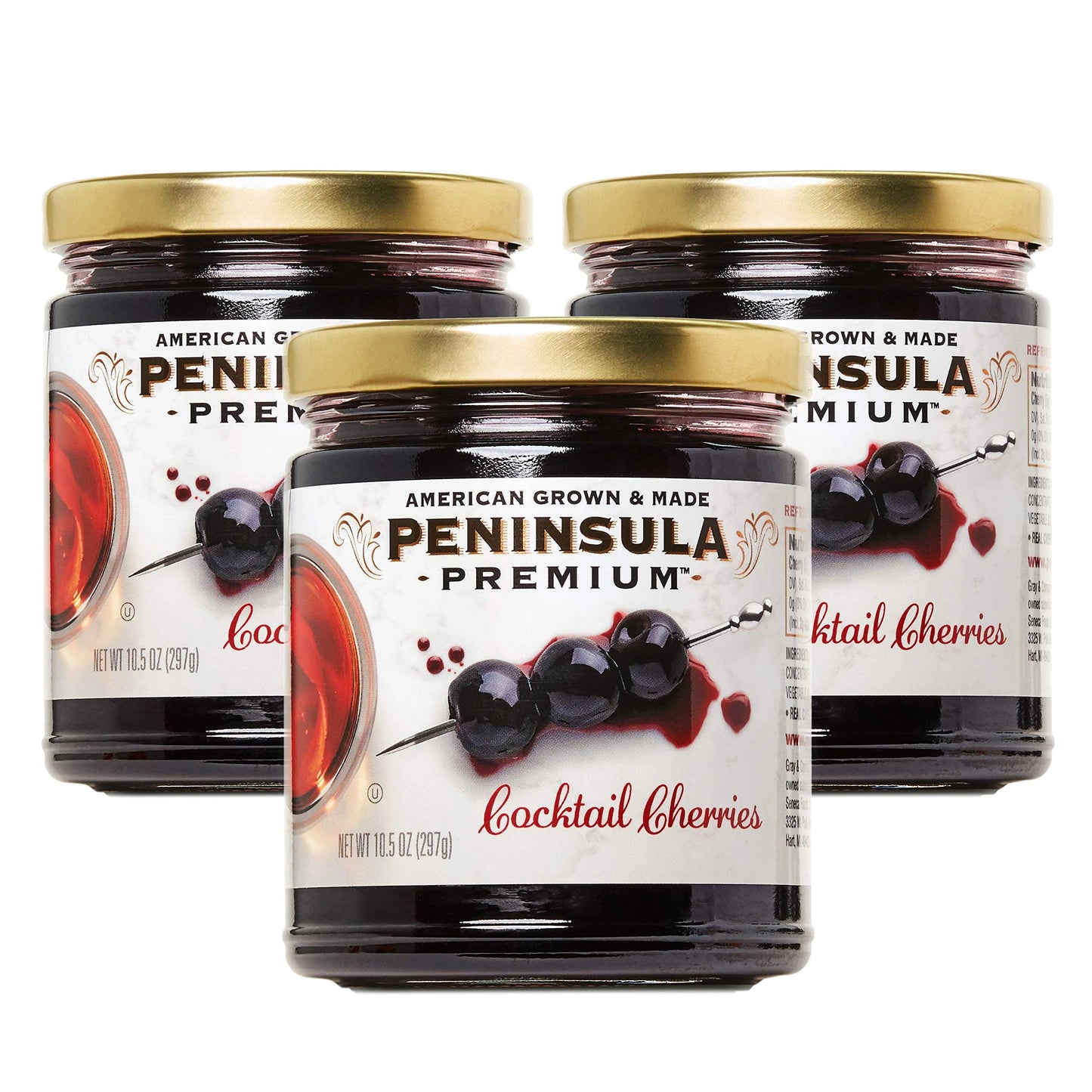 PENINSULA PREMIUM Cocktail Cherries, 10.5 oz (3-Pack), Deep Burgundy-Red, Silky Smooth Syrup, Sweet-Tart Flavor, American Grown