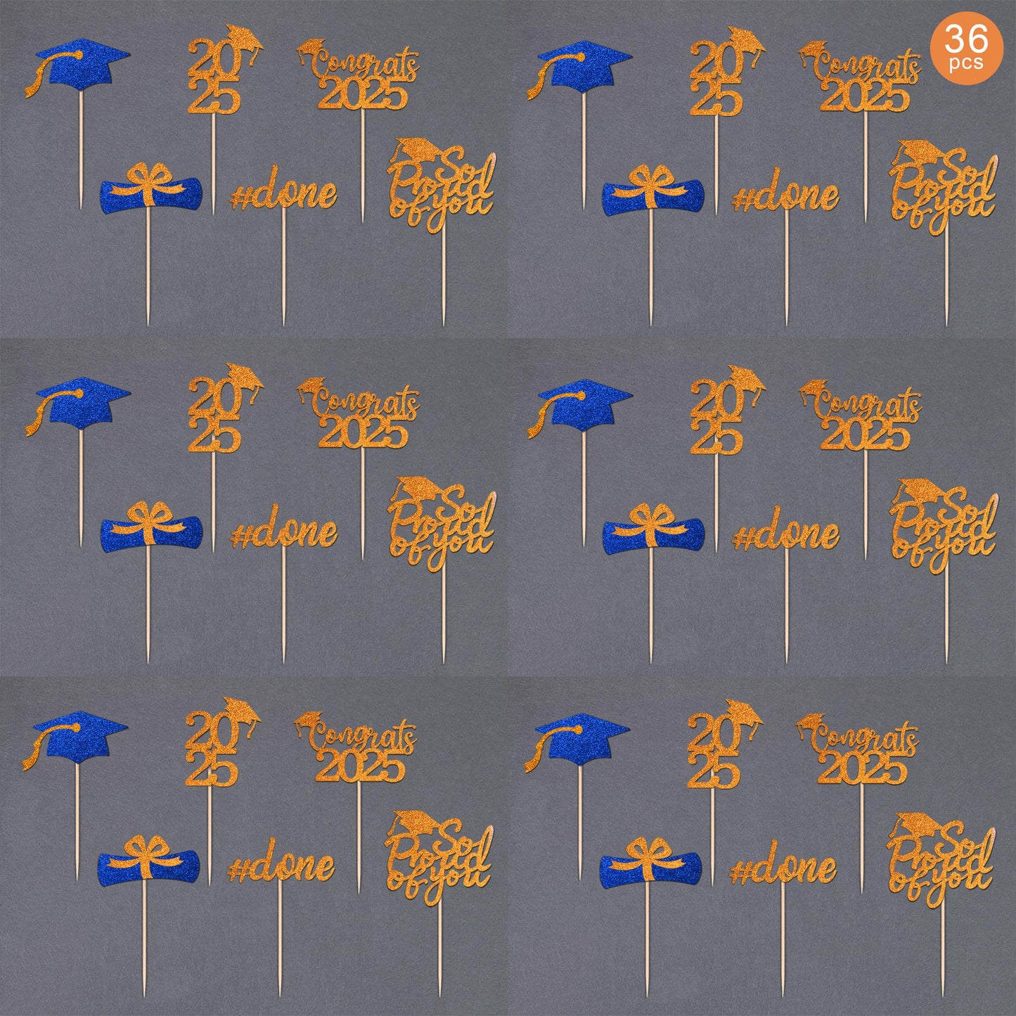 36 Pcs Class Of 2025 Graduation Cupcake Toppers, Orange & Blue Glitter Double-Sided Grad Cap Cake Picks For Party Supplies, 2025