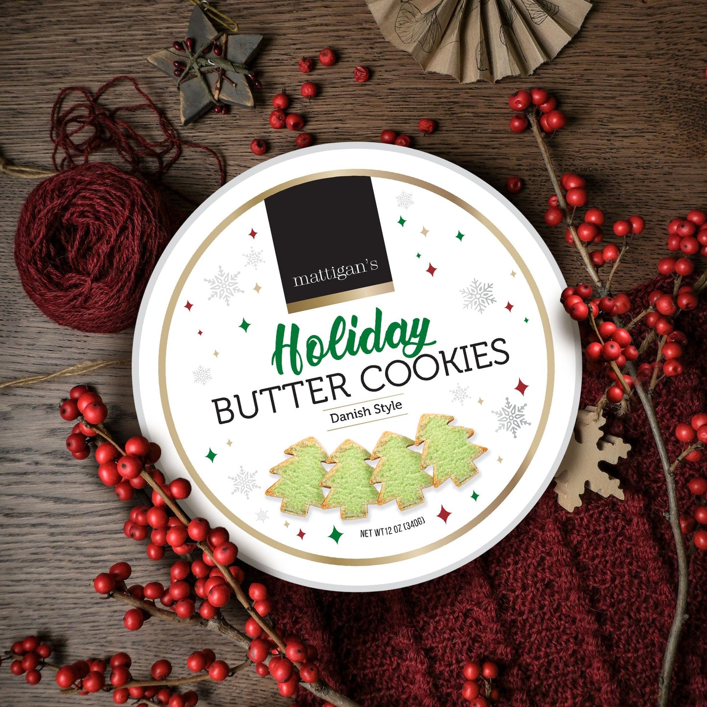 Mattigans Holiday Butter Cookies, Danish Style Cookie, 12 Oz Tin, Gourmet Gifts, Holidays, Christmas, Stocking Stuffer, Special