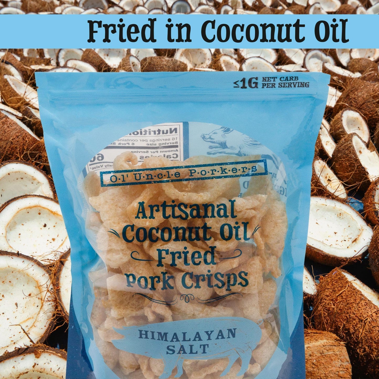 Ol Uncle Porkers Keto Friendly Pork Rinds, Artisan Fried in Coconut Oil, Himalayan Pink Salt, 8oz Bag