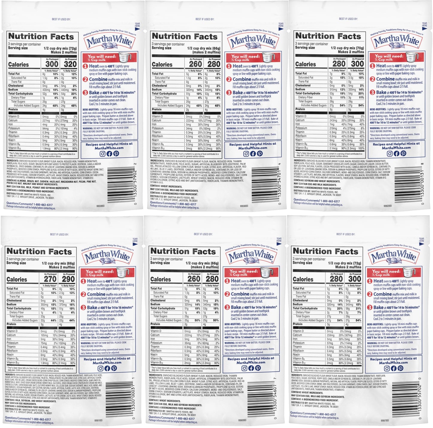 Martha White Muffin Mix Sampler Package with Favorite Banana Nut - 6 Pack of Various Flavors