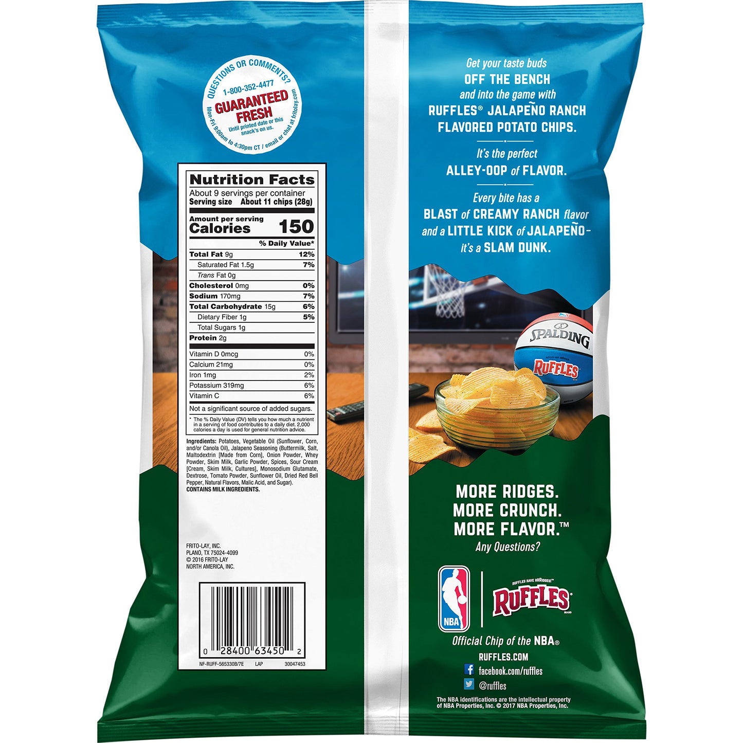 Ruffles Ridged Potato Chips, Jalapeno Ranch, 8.5 Ounce