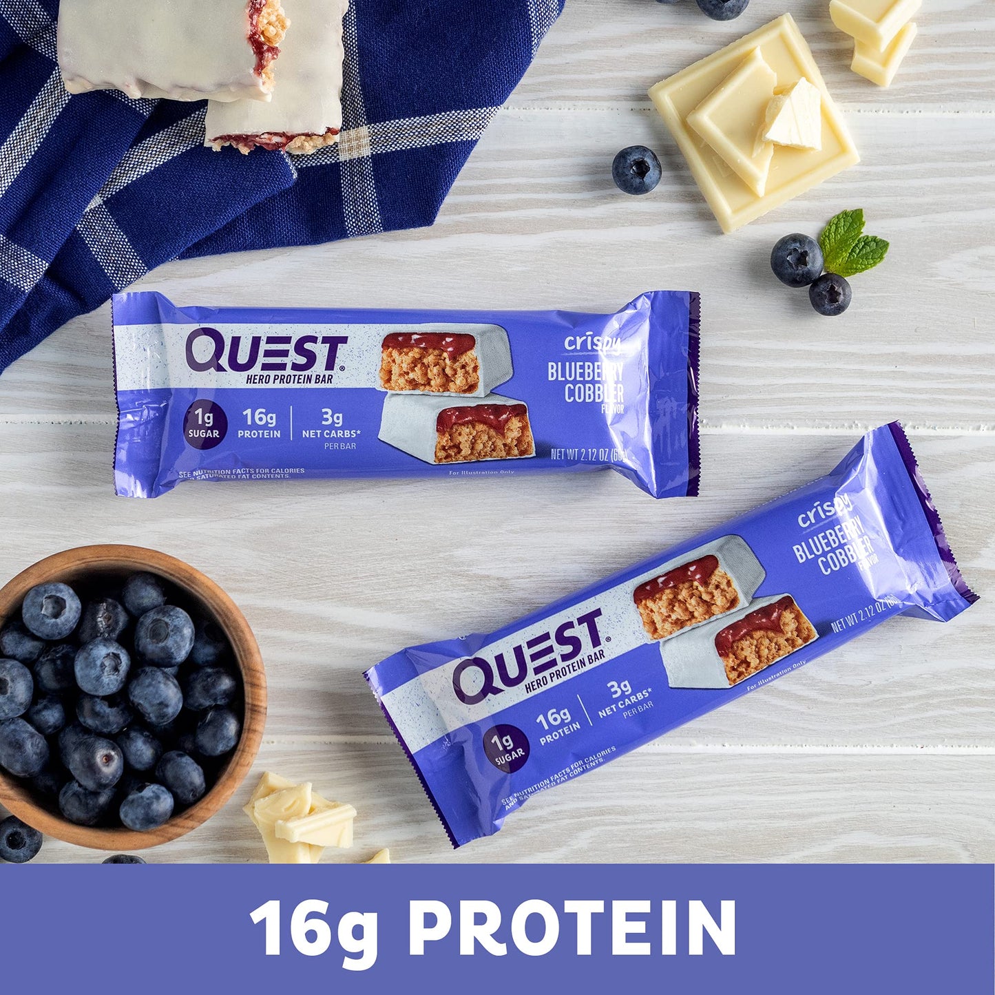 Quest Nutrition Crispy Blueberry Cobbler Hero Protein Bar, 16G Protein, 1G Sugar, 3G Net Carb, Gluten Free Protein Snack, Keto Friendly, 12 Count