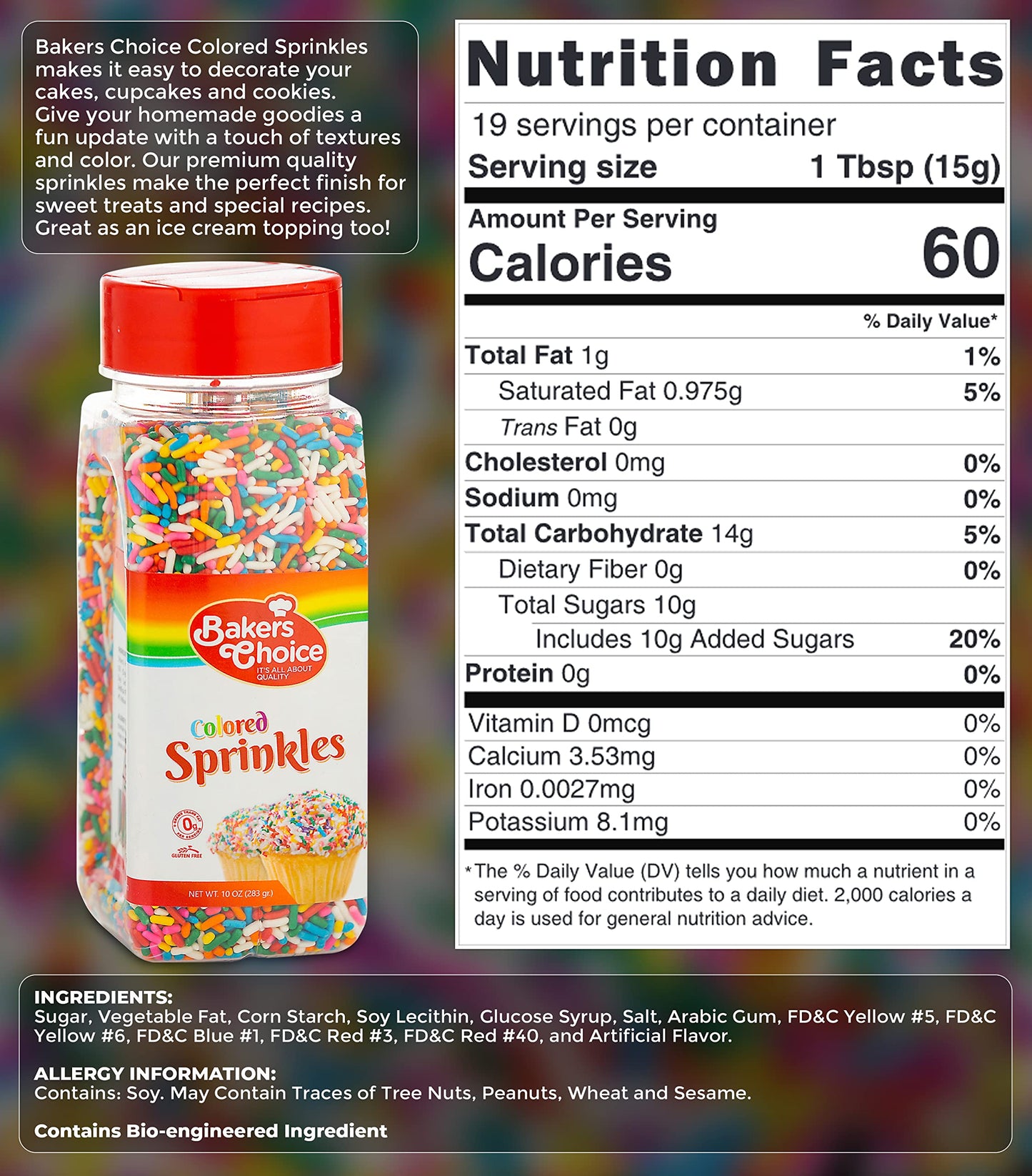 Bakers Choice Rainbow Sprinkles For Baking - Rainbow Jimmies Sprinkles For Ice Cream Toppings - Dairy Free, Kosher 10 Ounce