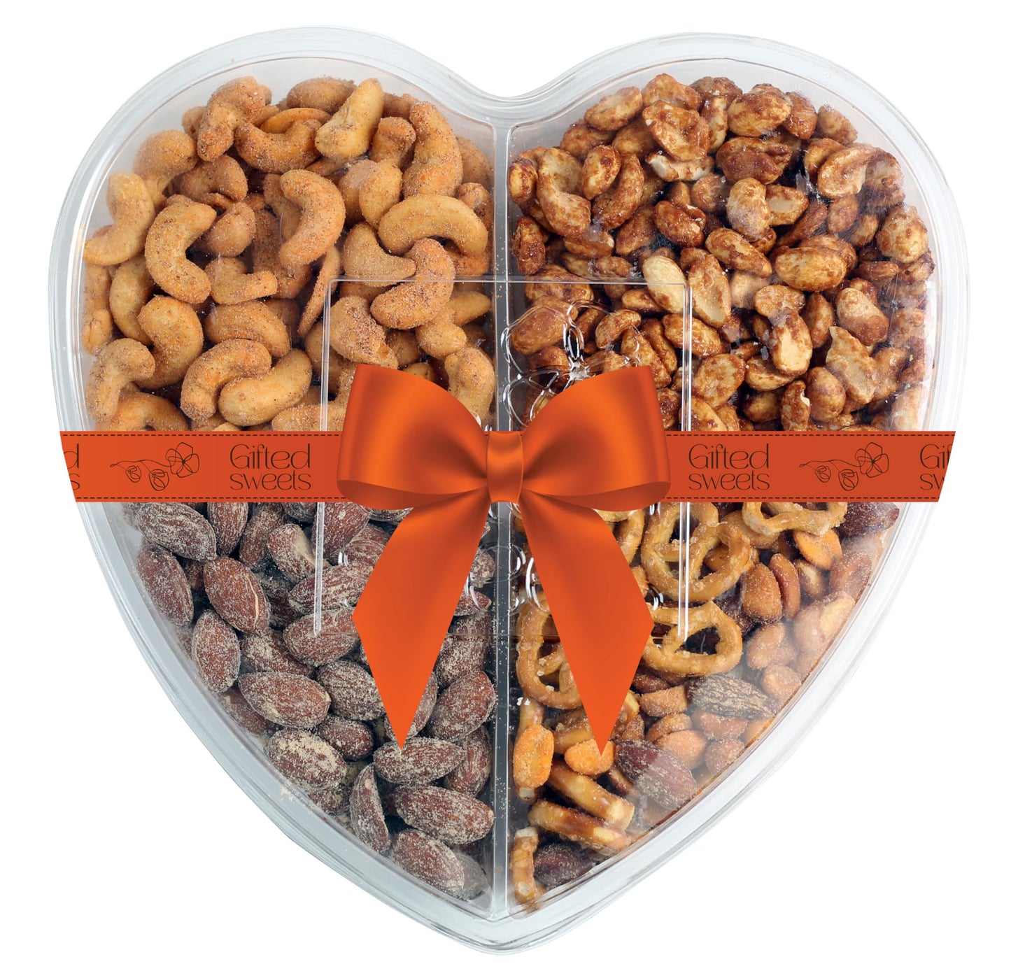 Heart Shaped (4 Assortments) Nuts Gift Tray - Variety Of Sweet & Freshley Roasted, Flavored And Salted Gourmet Nuts - Large Nuts