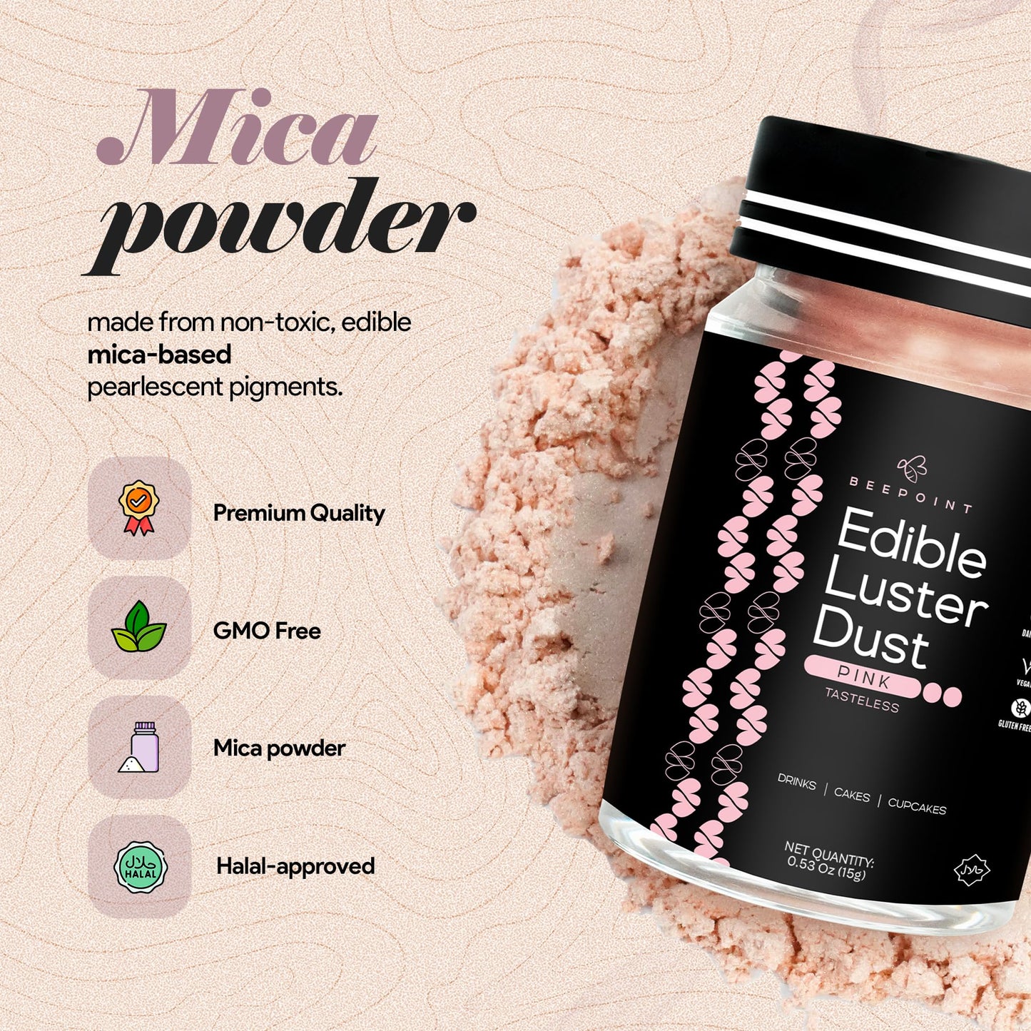 BeePoint Edible Glitter Luster Dust - Vegan, Gluten Free, 15g, Pink Shimmer Powder for Baking, Cocktails, Cake Decorating, and Sweets