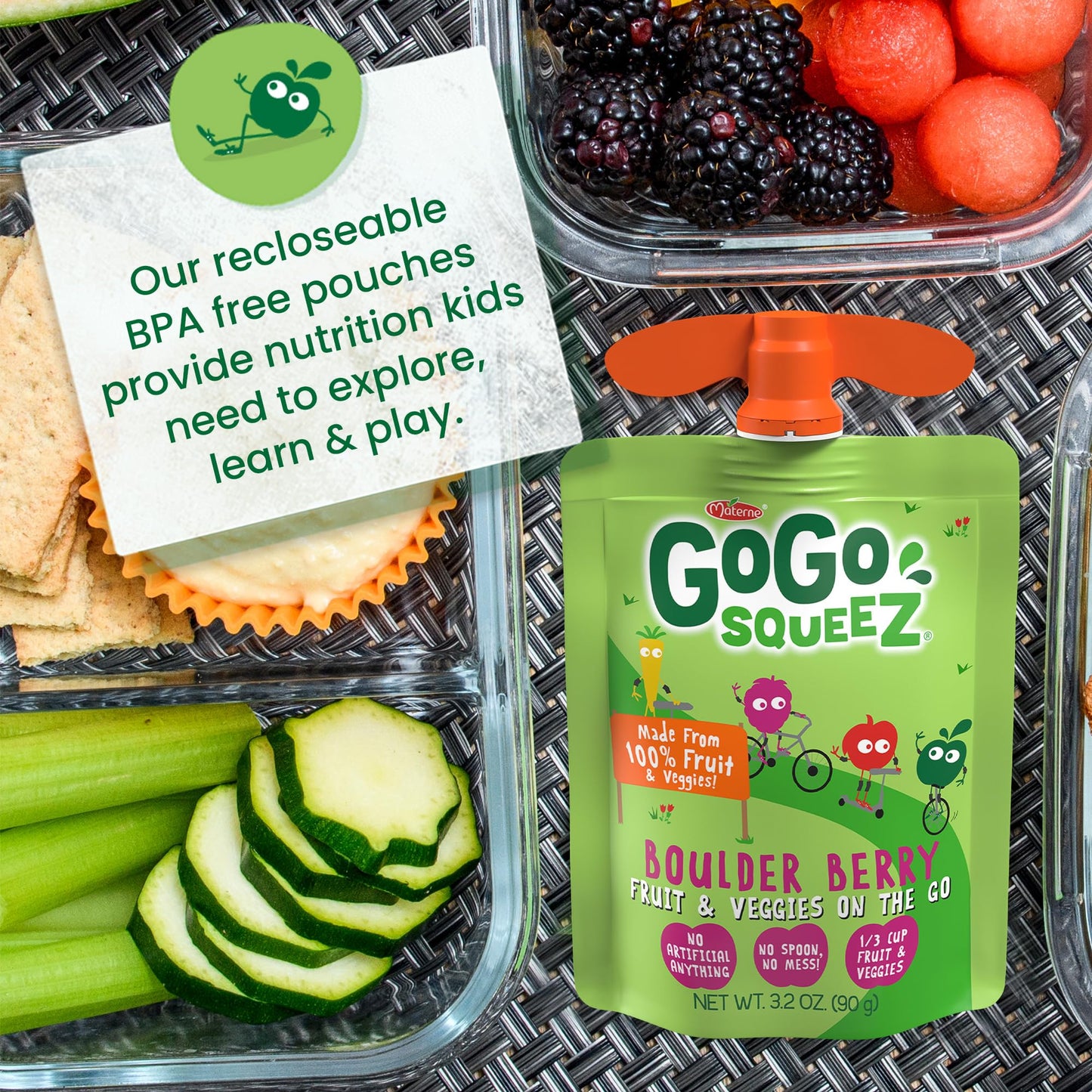 GoGo SqueeZ Fruit & VeggieZ Variety Pack  Pedal Peach and Boulder Berry  3.2 oz (Pack of 20)  Unsweetened Snacks for Kids  Gluten Free  Nut Free  Dairy Free  Recloseable Cap  BPA Free Pouches