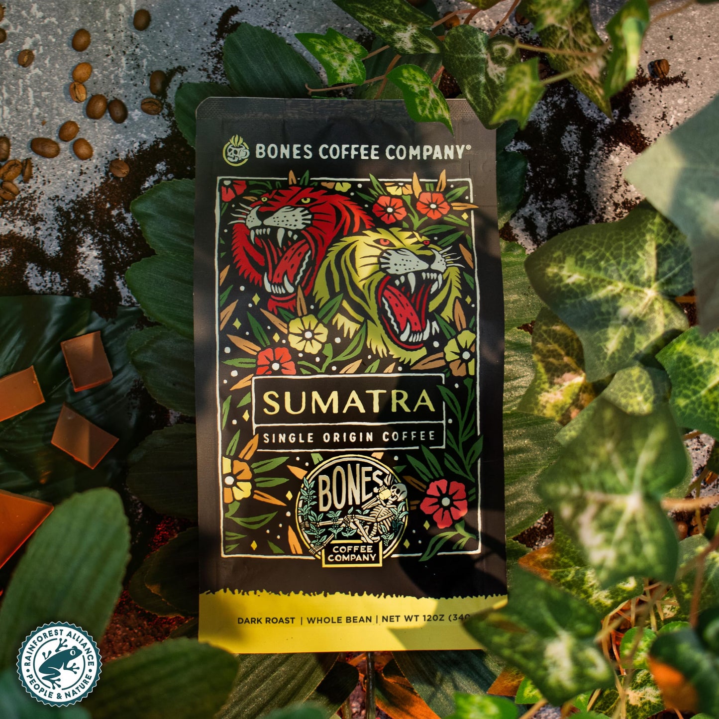 Bones Coffee Company Sumatra Single-Origin, Dark Chocolate, Smoky, Earthy Notes, Ground Coffee Beans, Low Acid Dark Roast Arabica Beans Flavored Coffee, 12 Oz Ground