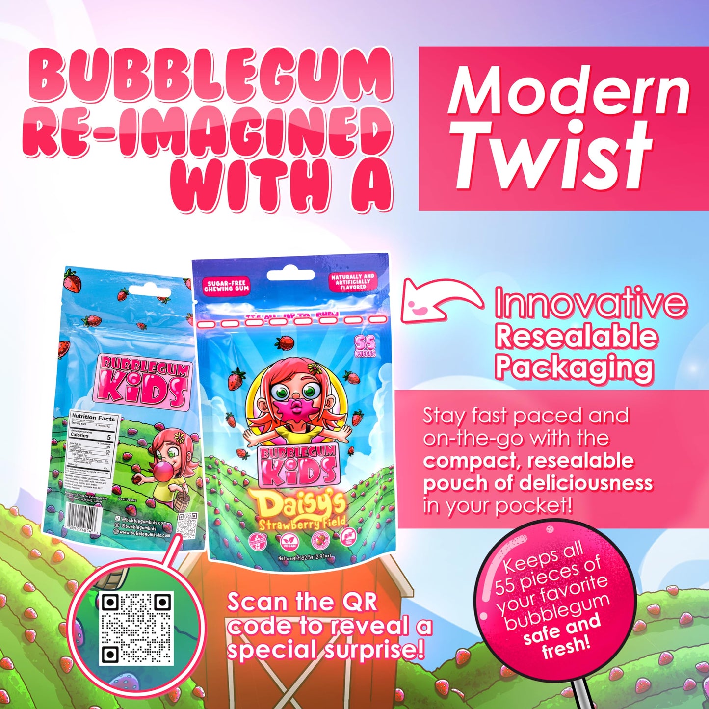 Bubblegum Kids Sugar Free Gum - Vegan Friendly Strawberry Flavor - 55 Count (Pack of 3) - Retro Easter Basket Stuffers