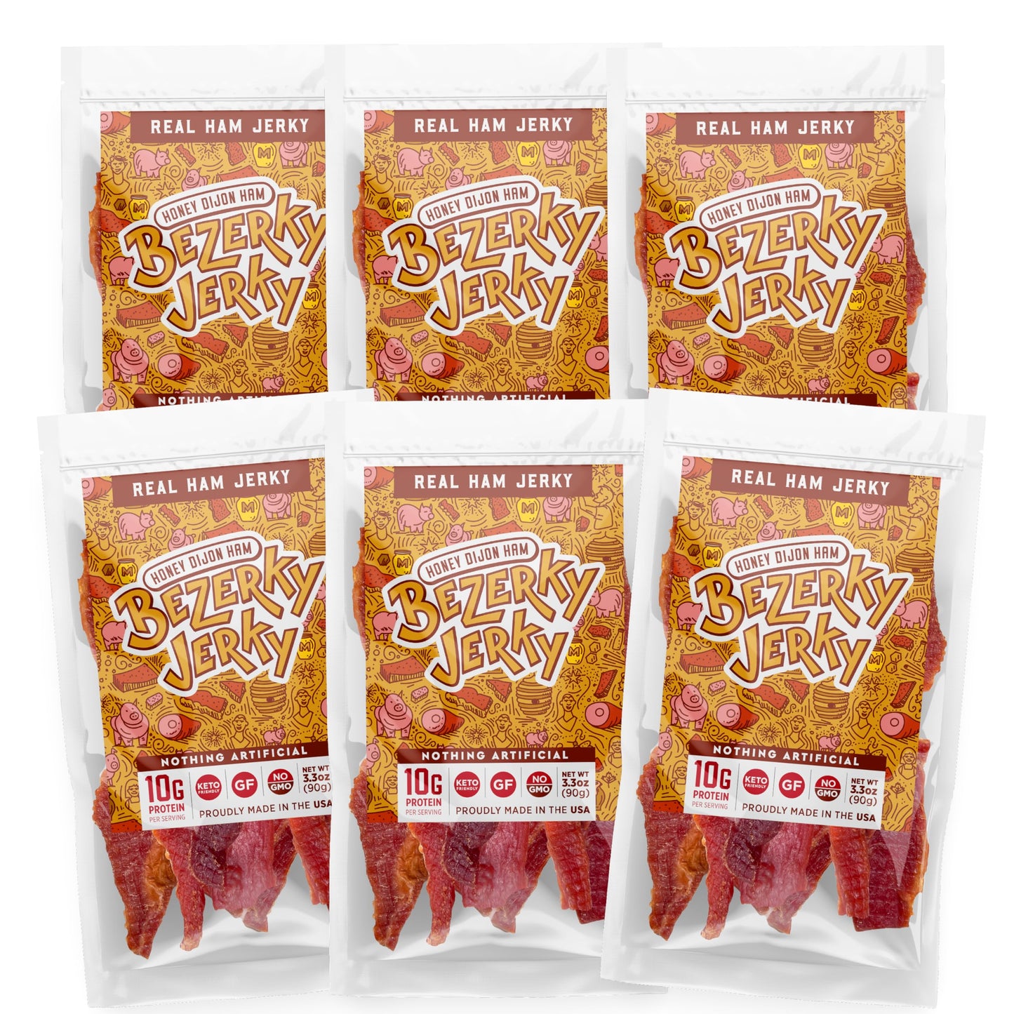 Bezerky Jerky Premium Ham Jerky, Honey Dijon, Gluten-Free, 3.3 oz Pack of 6