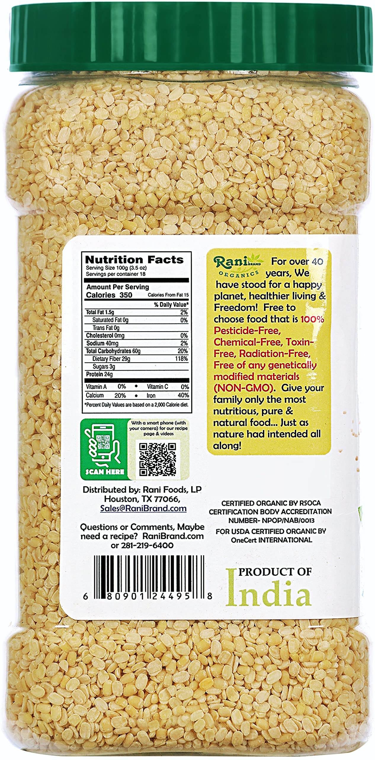 Rani Organic Urid/Urad Dal (Split Matpe Beans Skinless) Indian Lentils 64Oz (4Lbs) 1.81Kg Bulk Pet Jar ~ All Natural | Vegan | G