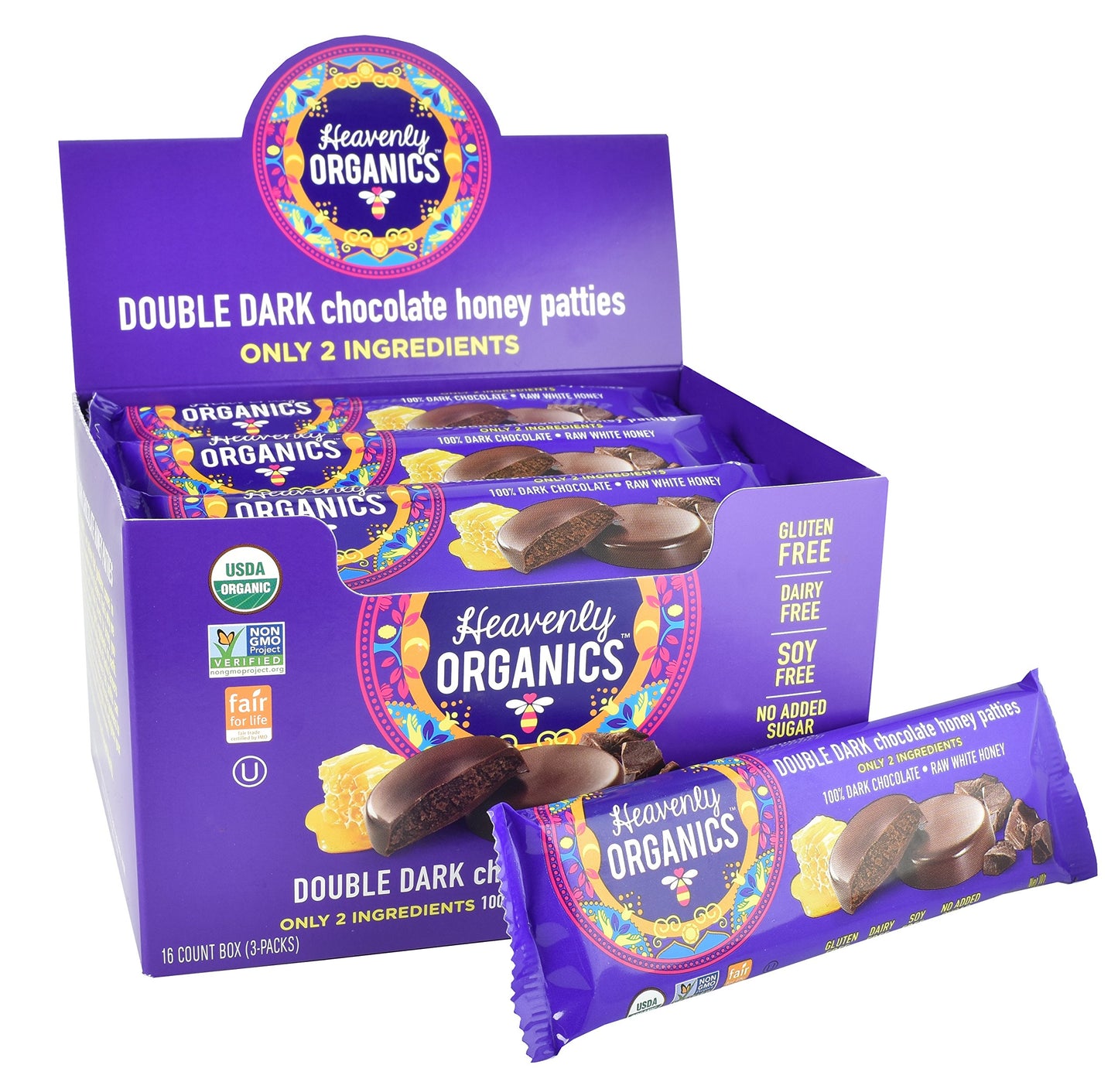 Heavenly Organics Double Dark Chocolate Honey Patties, 1.16 Ounce (Pack of 16)
