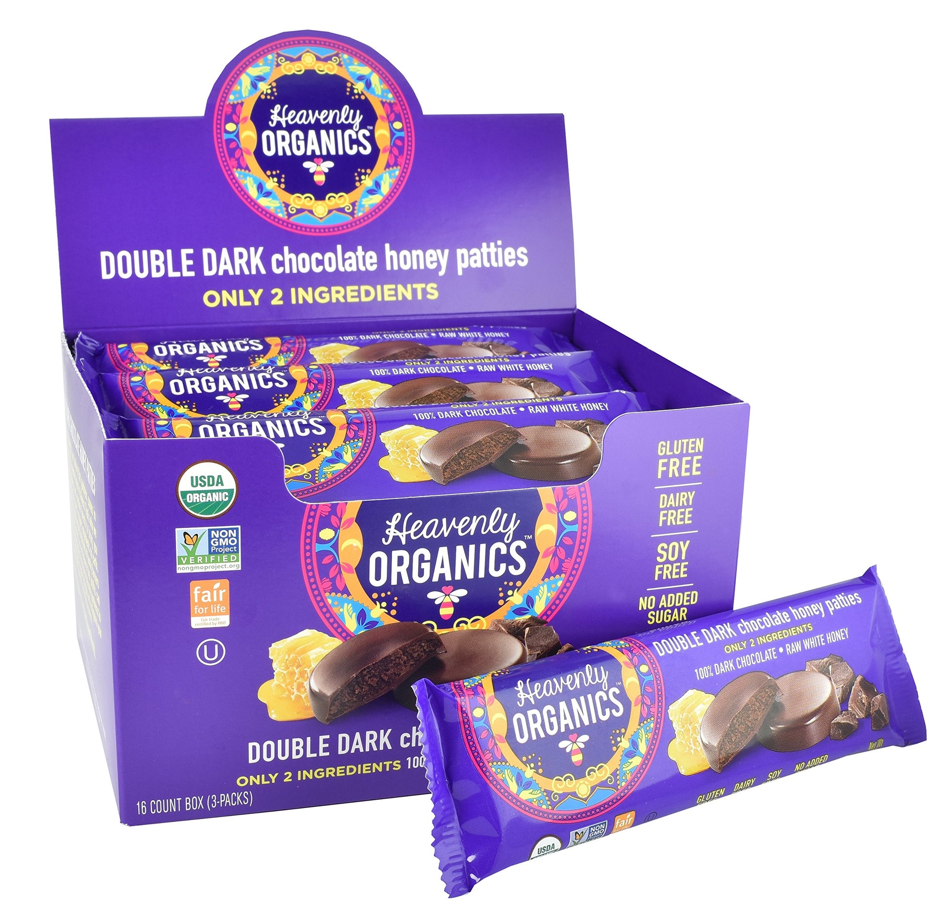 Heavenly Organics Double Dark Chocolate Honey Patties, 1.16 Ounce (Pack of 16)