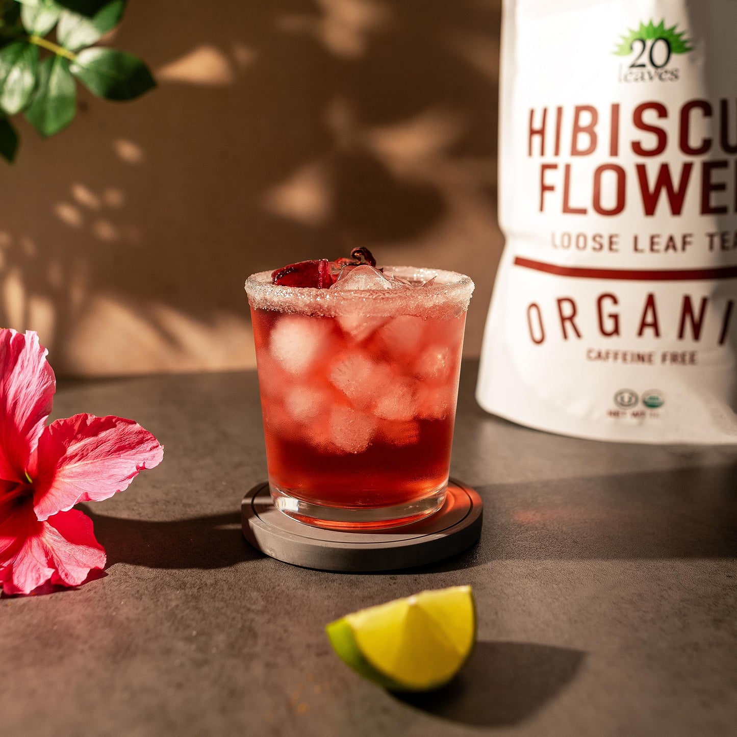 20 Leaves Hibiscus Flower Loose Leaf Tea - Organic Herbal Tisane - Caffeine Free - 16oz Resealable Bag