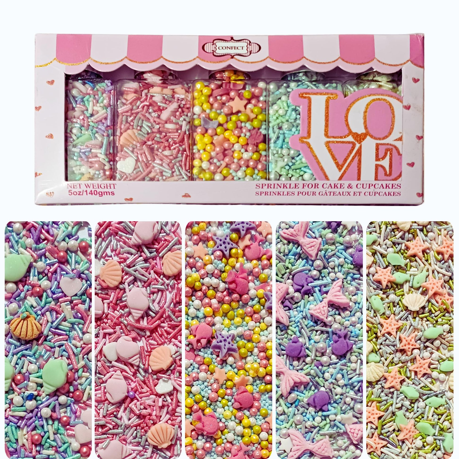 Confect Ocean-Themed Sprinkles Set - 5 Assorted Pastel Edible Sea Shell, Mermaid, starfishes & fish Sprinkle Mixes for Cake, Cup