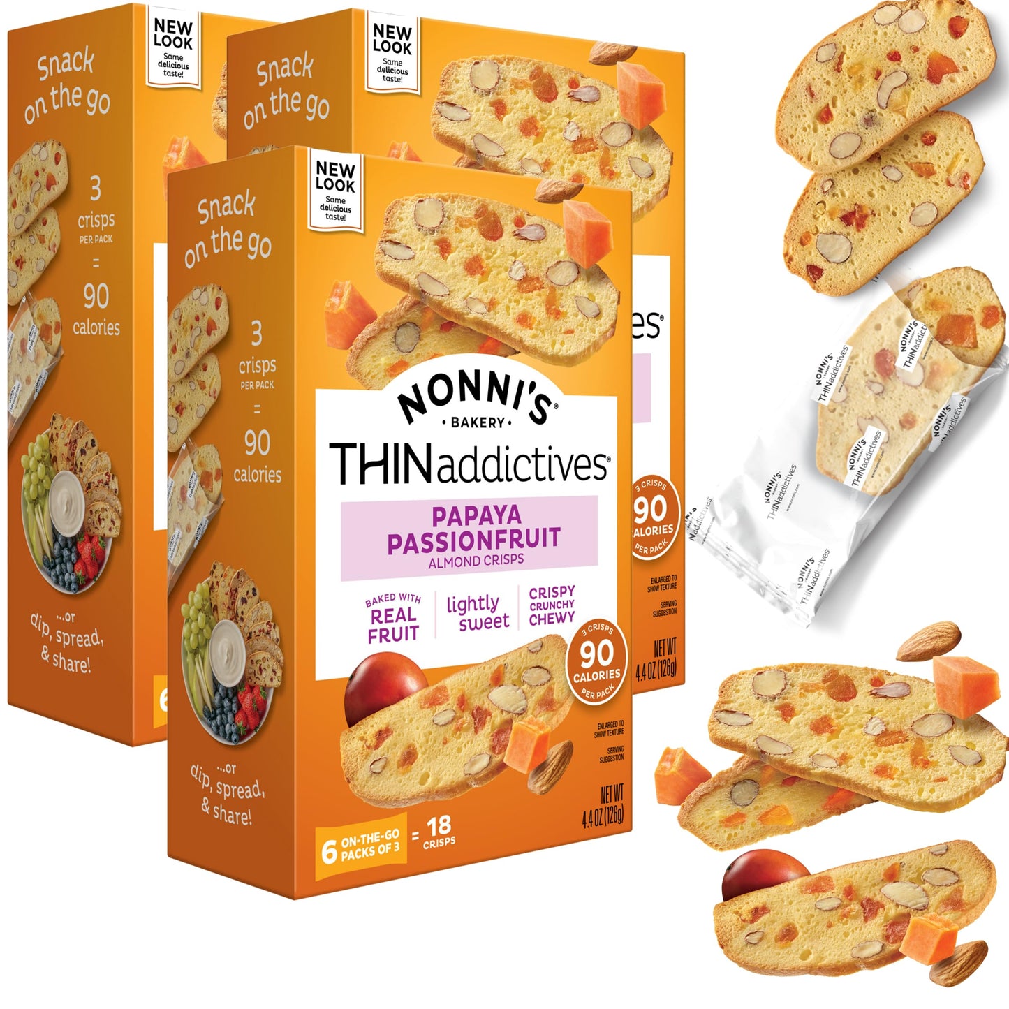 Nonnis Almond Thin Cookies - 3-Pack Papaya & Passionfruit - Kosher Biscotti - 4.4 oz Individually Wrapped Cookies