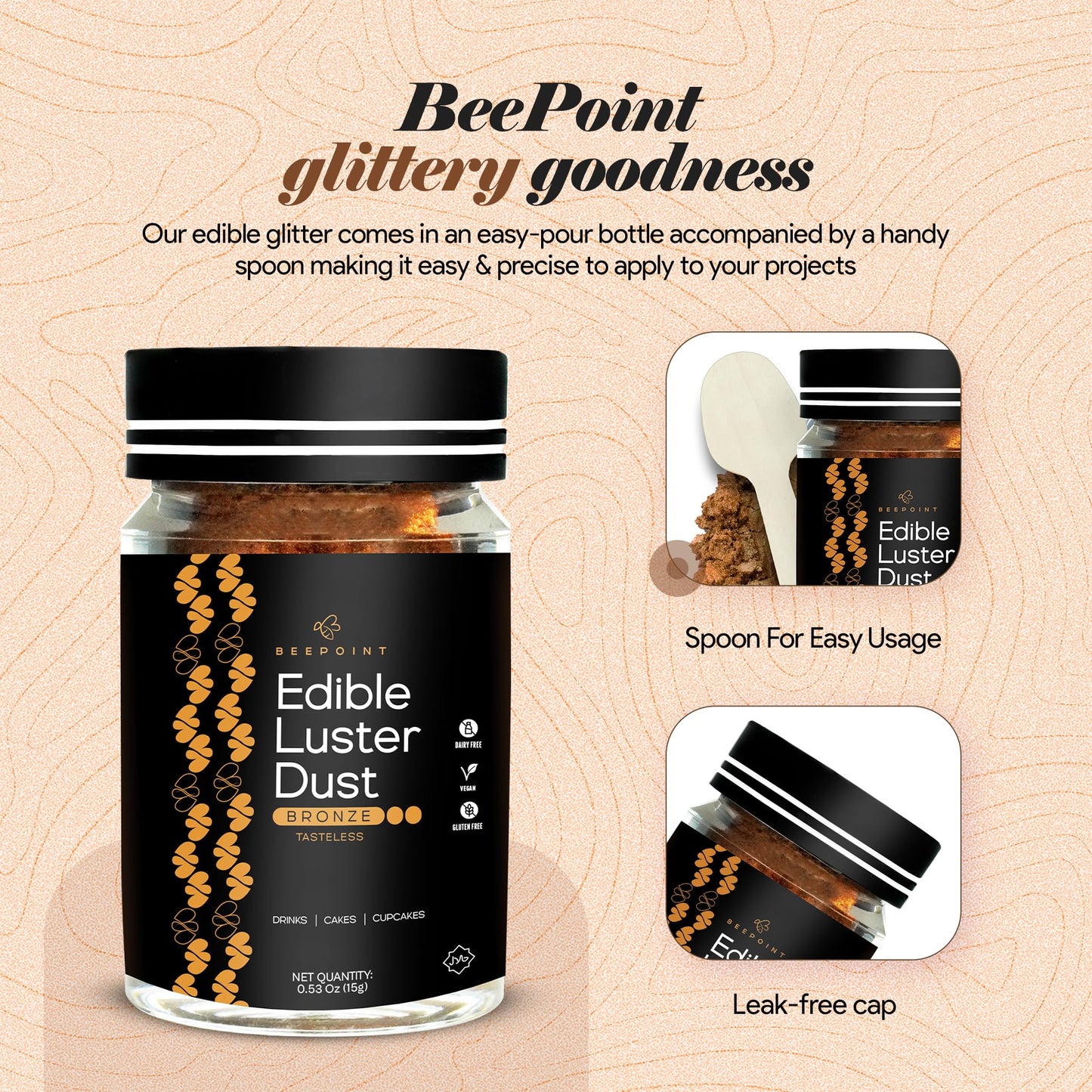 BeePoint Edible Glitter Luster Dust - Food Grade Shimmer Powder for Baking & Decorating - 15g - Bronze