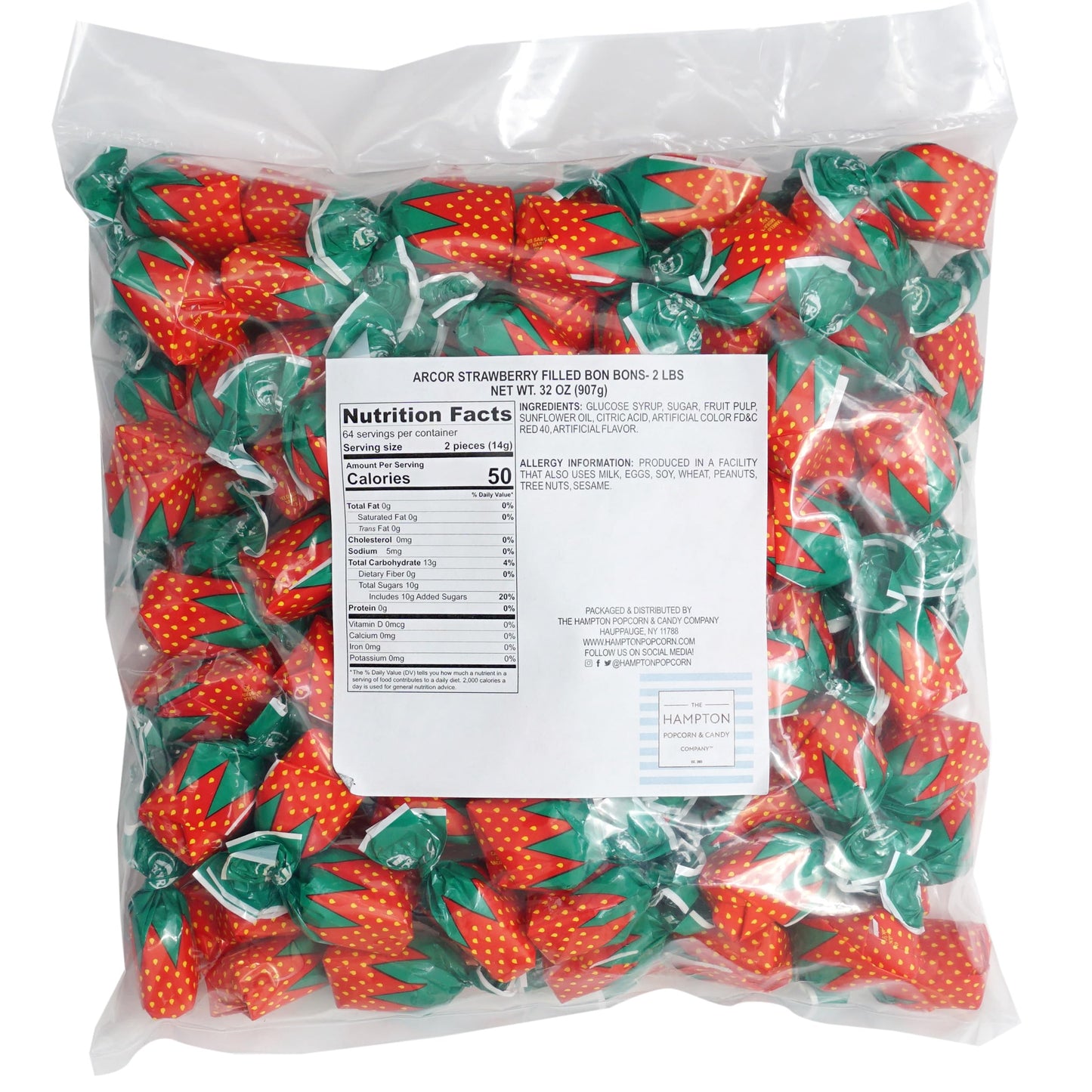 Arcor Strawberry Bon Bons Hard Candy, 2 Pound (Approx. 150 Pcs.), Arcor Strawberry Candy Individually Wrapped, Strawberry Candie