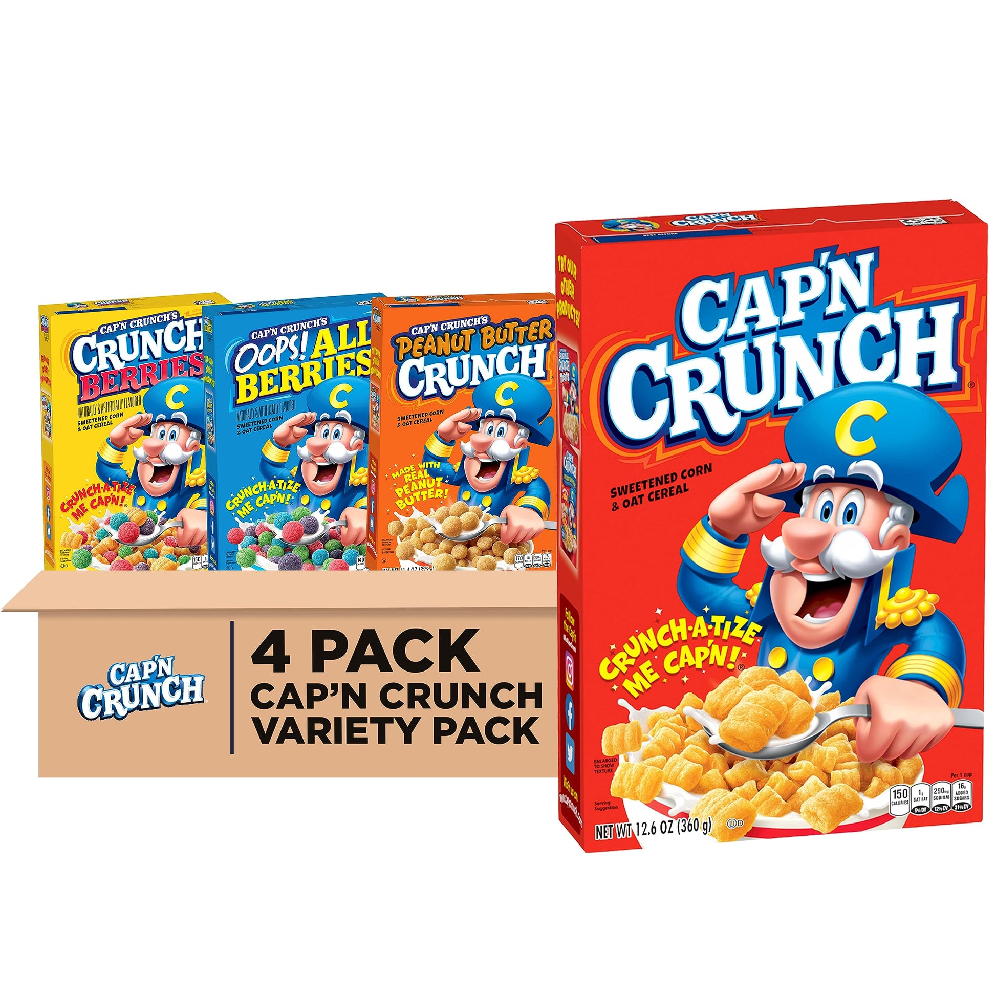Quaker Cap'n Crunch Breakfast Cereal, 4 Flavor Variety Pack, (4 Pack), Sweetened Corn & Oat Cereal Original, Crunch Berries, Oop