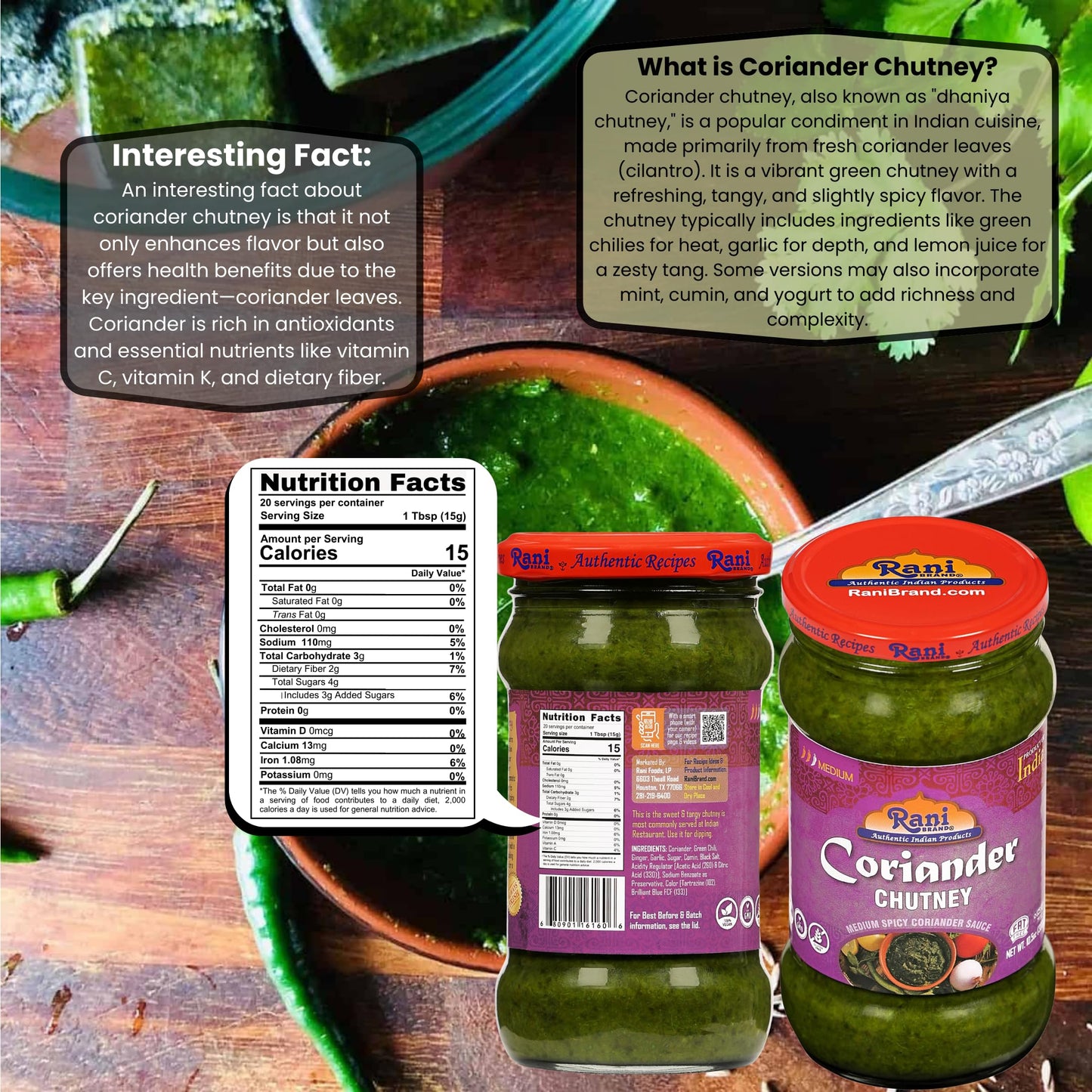 Rani Coriander Chutney 10.5Oz (300G) Glass Jar, Ready To Eat ~ Vegan | Gluten Free | Non-Gmo | Kosher | No Colors | Indian Origi