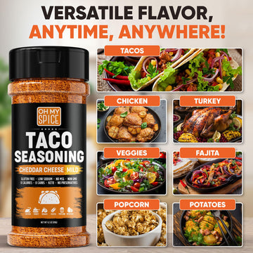Taco Seasoning Mix Cheddar Cheese Powder - Gluten Free & Low Sodium Mild Cheesy Mexican Seasoning Blend For Taco Tuesday Night.