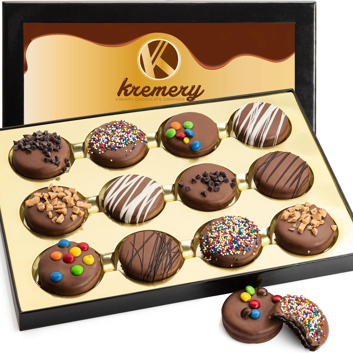 Nut Cravings KREMERY Chocolate Covered Sandwich Cookies Gift Basket - 12 Count - Assorted Candy Toppings - Kosher Dairy