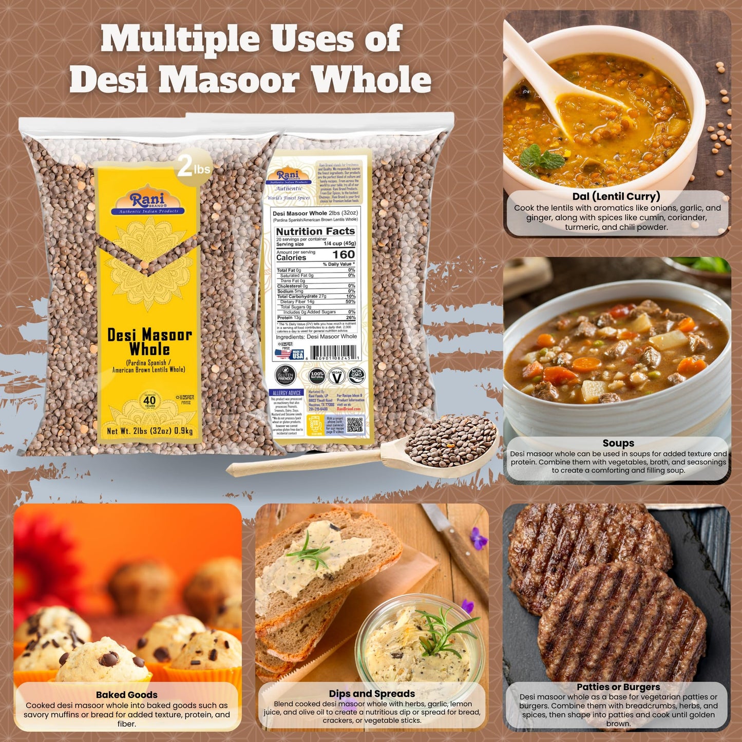 Rani Desi Masoor (Masur) Whole 32Oz (2Lbs) 908G (Aka. Pardina Spanish / American Brown Lentils Whole) ~ All Natural | Vegan | Gl