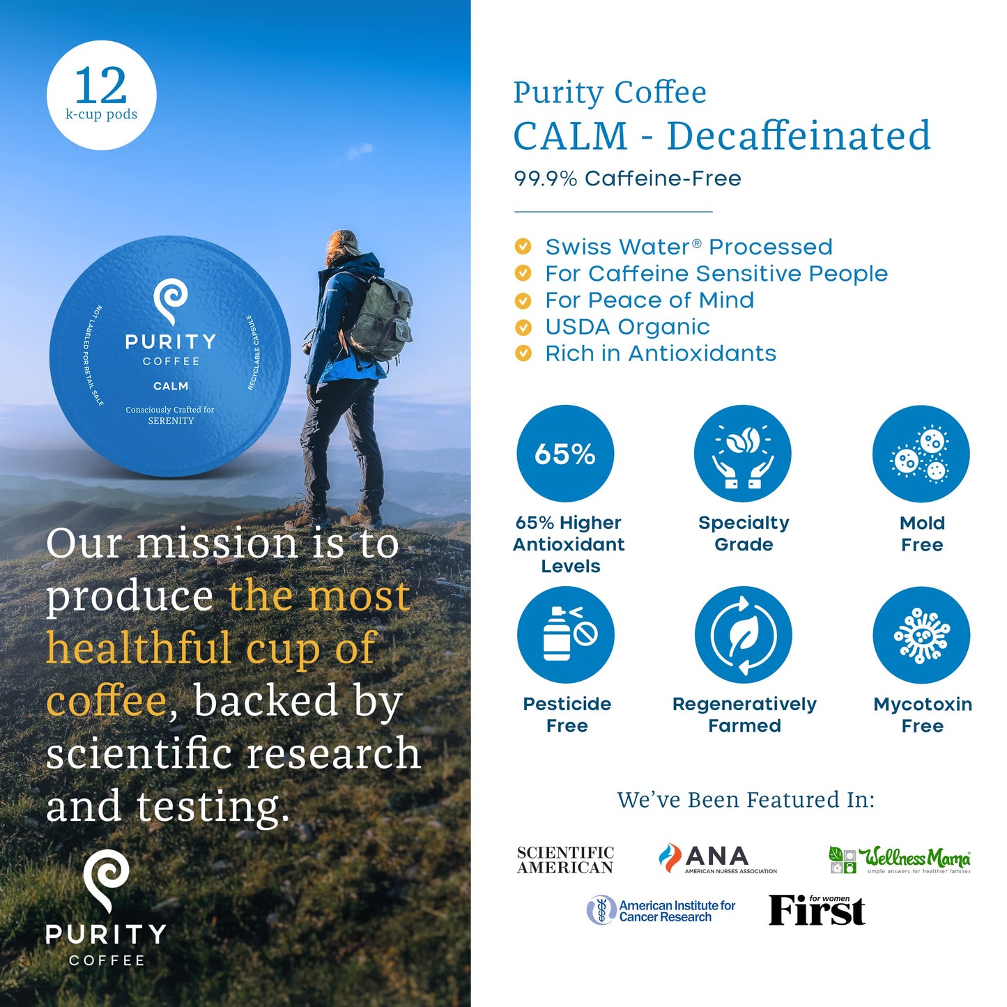 Purity Coffee Calm Decaf Medium Roast Organic Coffee - Usda Certified Organic Specialty Grade Arabica Single-Serve Coffee Pods -
