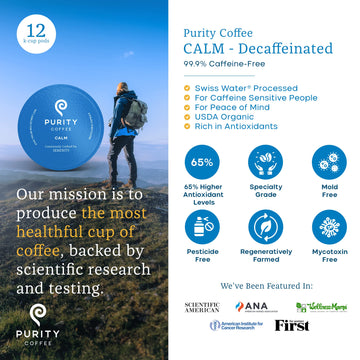 Purity Coffee Calm Decaf Medium Roast Organic Coffee - Usda Certified Organic Specialty Grade Arabica Single-Serve Coffee Pods -