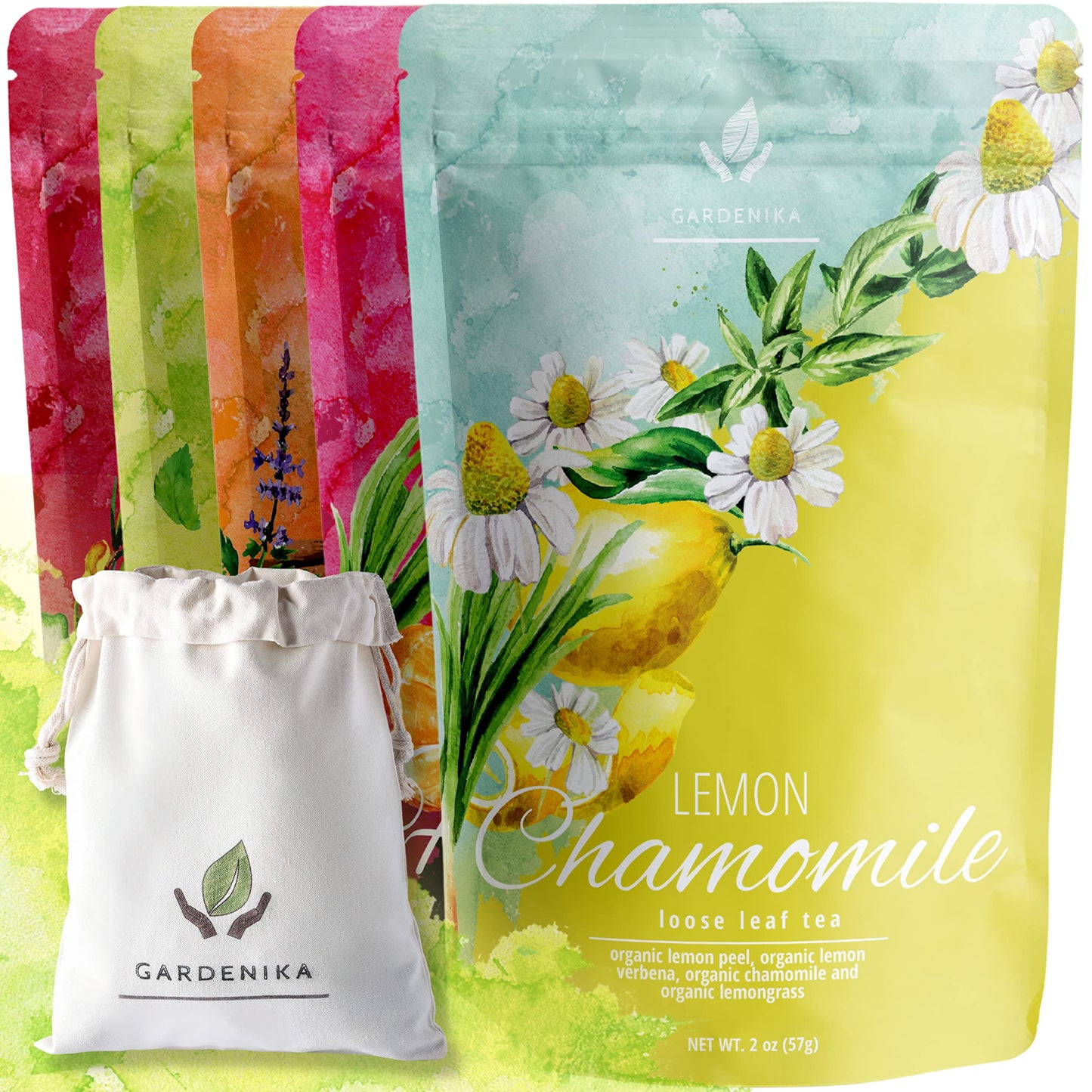 Gardenika Organic Loose Leaf Tea Set - Herbal Caffeine-Free, Rooibos, Spearmint, Chamomile, Hibiscus, Tulsi, Turmeric, Ginger - 5 Pack