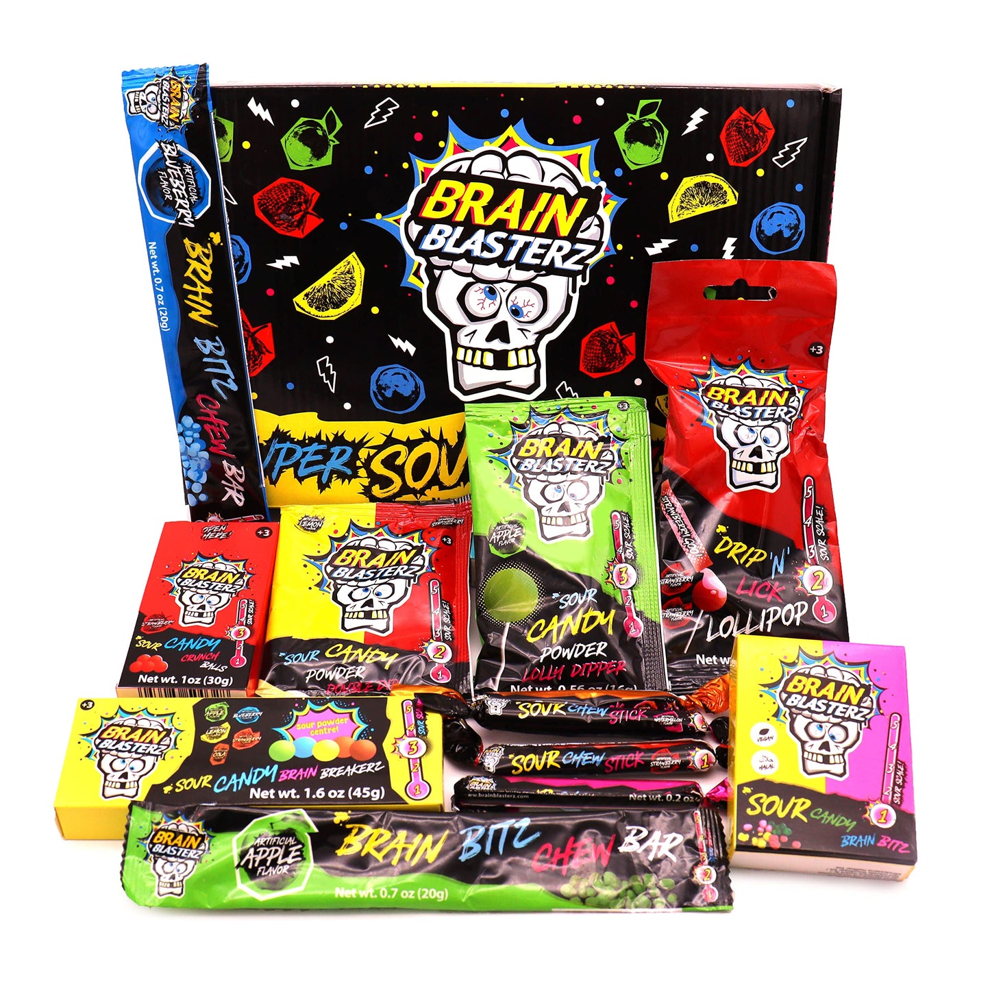 Brain Blasterz Small Sour Candy Variety Pack, Vegan Candy, Sour Chew Bar, Halal Candy, Sour Candy Gift Box W/ 12 Pcs (13Oz), Uni