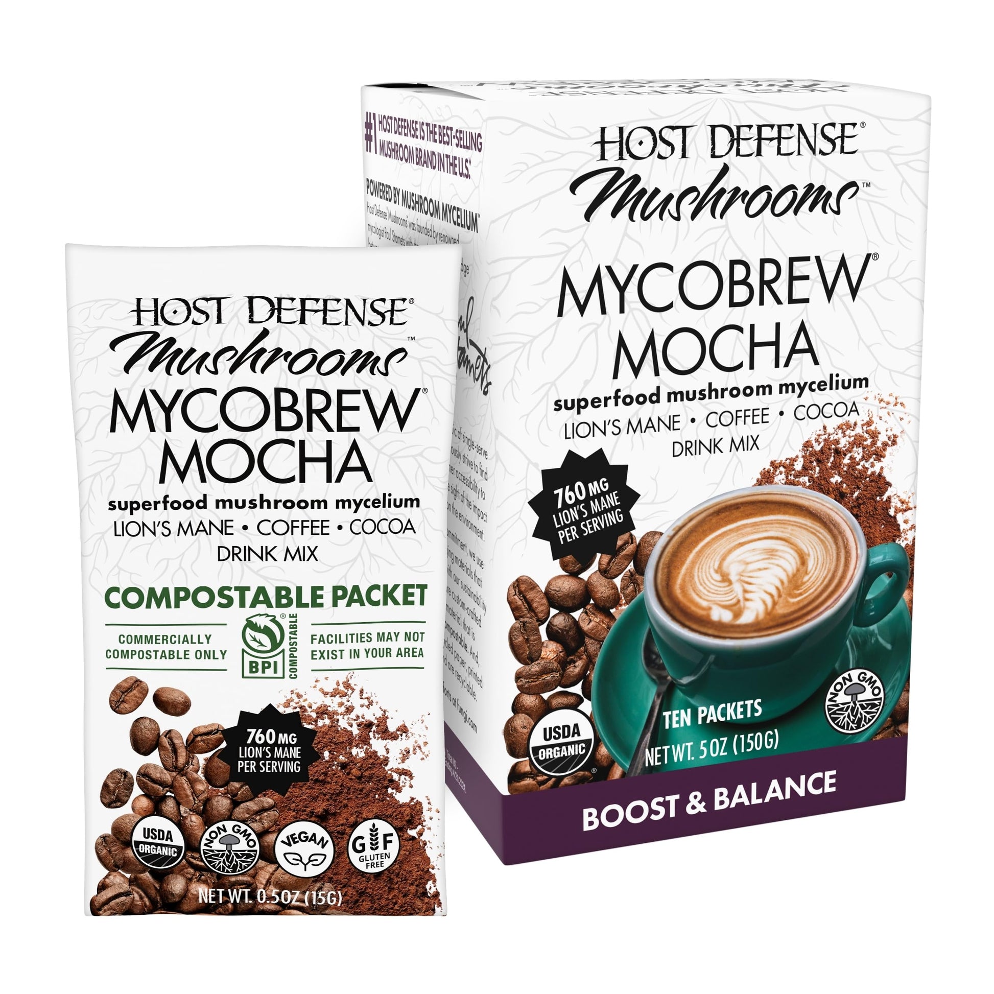 Host Defense MycoBrew Mocha Drink Mix, Supports Energy & Focus, 10 Packets (0.5oz each)