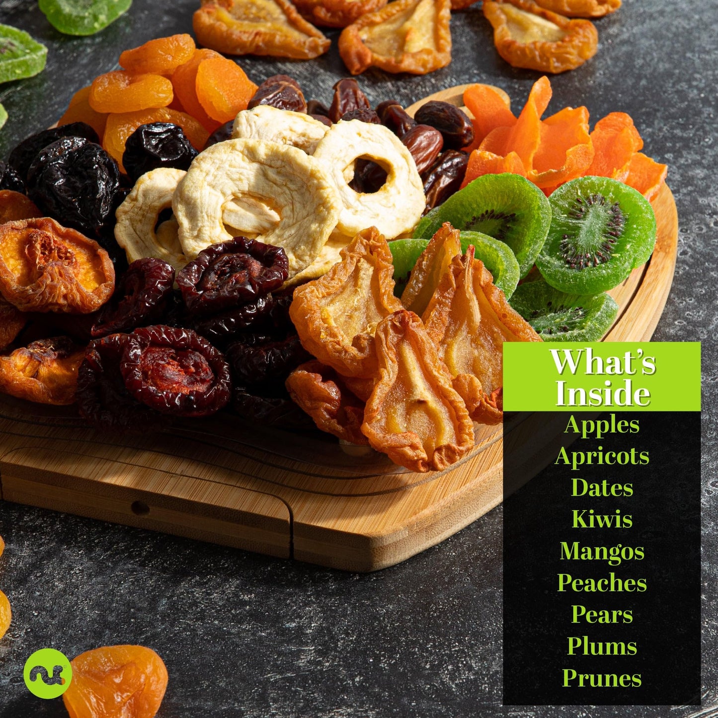 NUT CRAVINGS Gourmet Collection - Rosh Hashana & Shana Tova Dried Fruit Wooden Apple-Shaped Gift Basket + Tray (9 Assortment) Fl