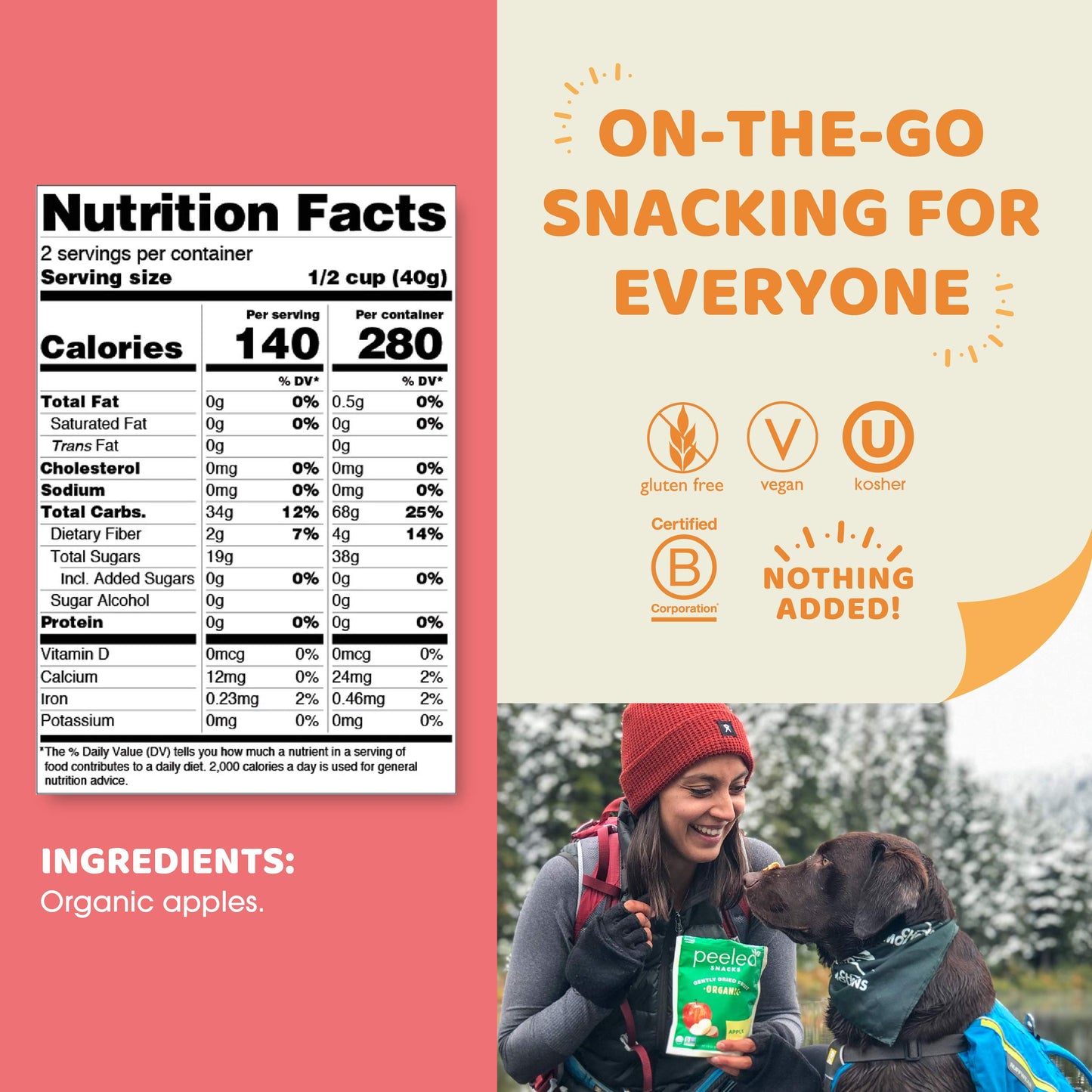 Peeled Snacks Organic Dried Fruit, Apple, 2.8 oz. - Healthy, Vegan Snacks for On-the-Go, Lunch and More