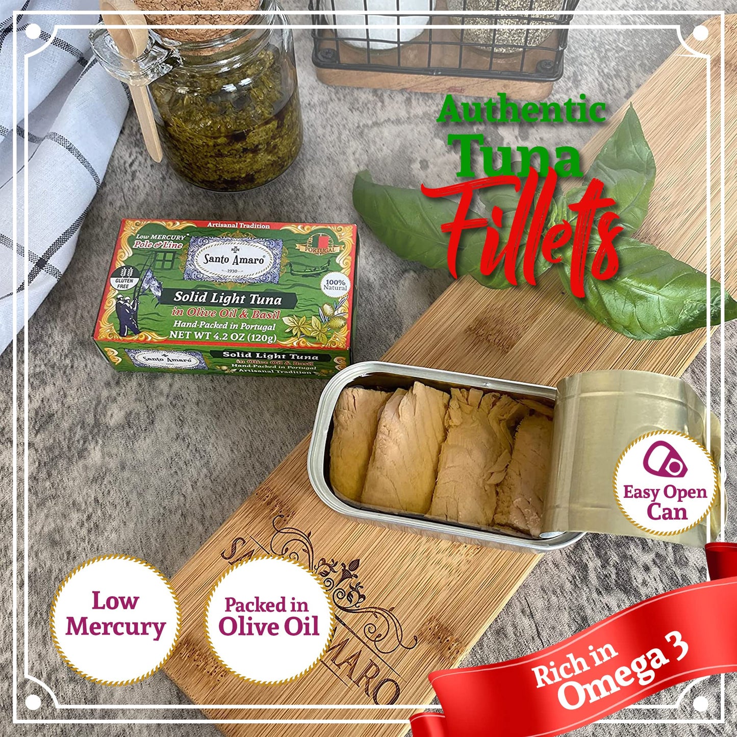 Santo Amaro Artisanal Wild Tuna Fillets in Olive Oil & Basil, 4.2 oz (Pack of 3), Pole & Line Caught, Keto Friendly, Low Mercury