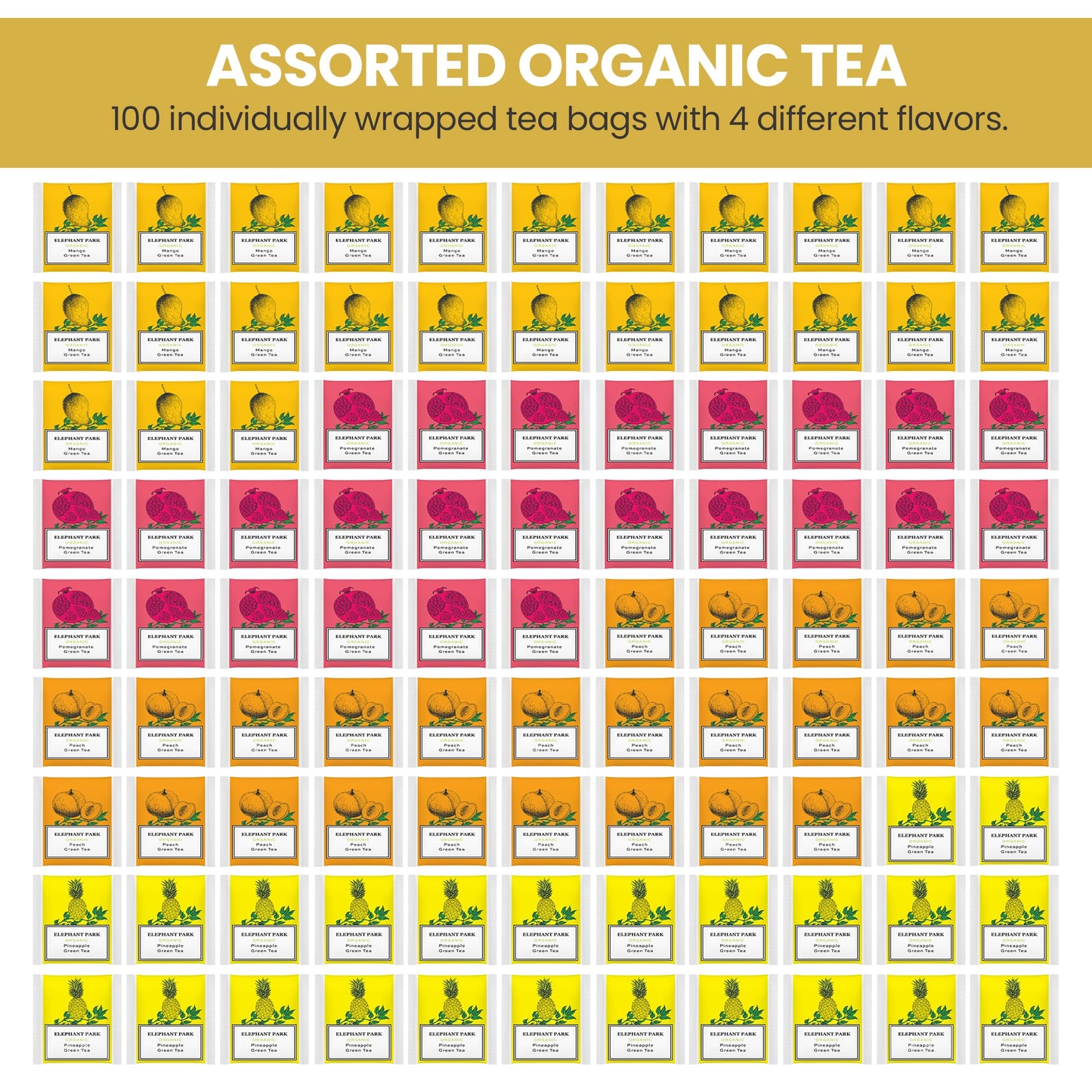 Elephant Park Organic Fruit Green Tea Sampler, 100 Assorted Bags, Caffeinated & Herbal, Pineapple, Pomegranate, Mango, Peach Flavors