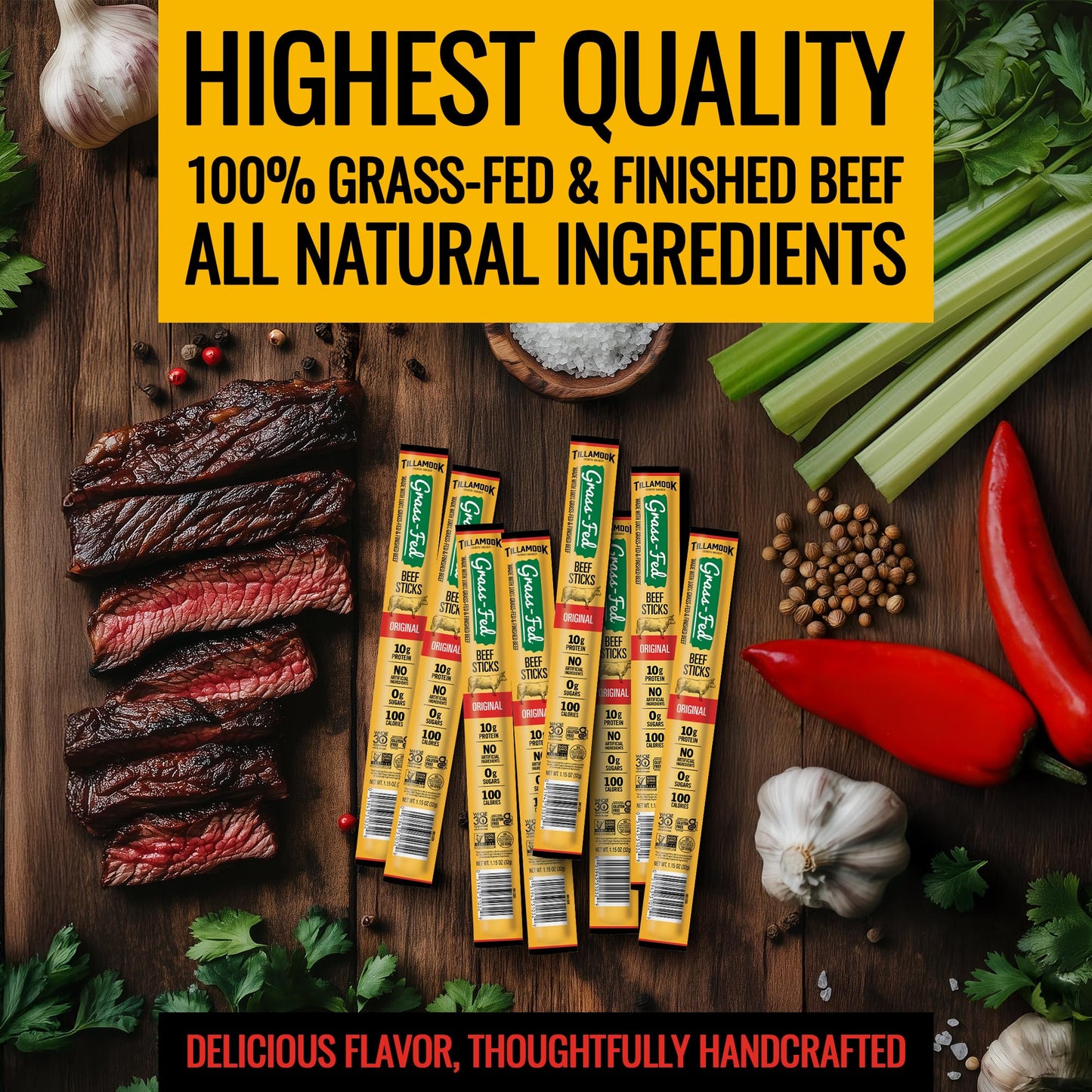 Tillamook Country Smoker 100% Grass Fed Beef Sticks  Zero Sugar  Original  1.15 Ounce (Pack of 8) Whole 30 Approved  Non GMO Clean Meat Snacks  High Protein  Gluten Free  Individually Wrapped