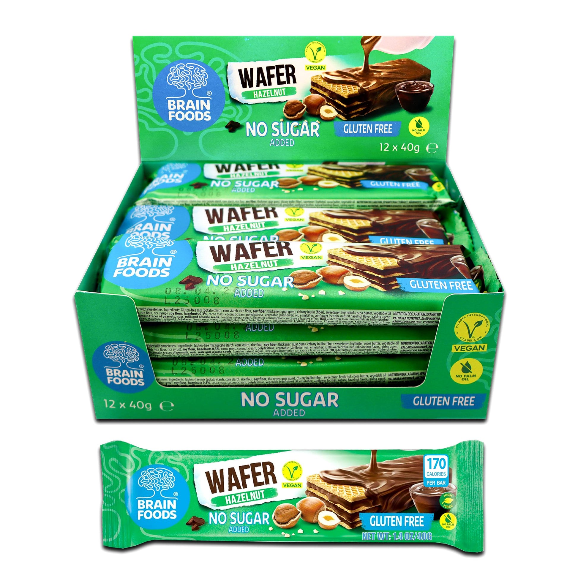 Brain Foods Gluten Free Vegan Chocolate Coated Hazelnut Wafers, 12 Bars, High Fiber, No Sugar Added, 1.4 oz, Guilt Free Snack