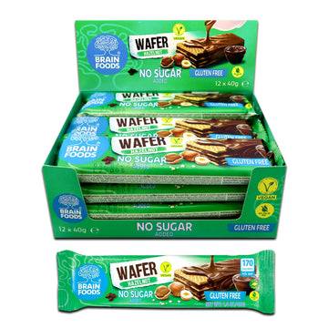Brain Foods Gluten Free Vegan Chocolate Coated Hazelnut Wafers, 12 Bars, High Fiber, No Sugar Added, 1.4 oz, Guilt Free Snack