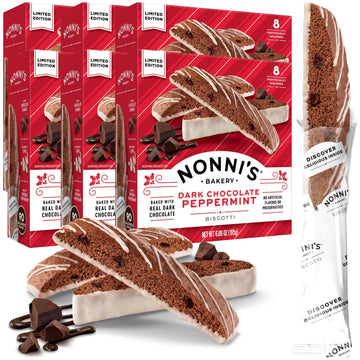 Nonnis Dark Chocolate Peppermint Biscotti - 6 Boxes Christmas Cookies - Italian Biscotti Cookies w/Dark Chocolate White Icing &