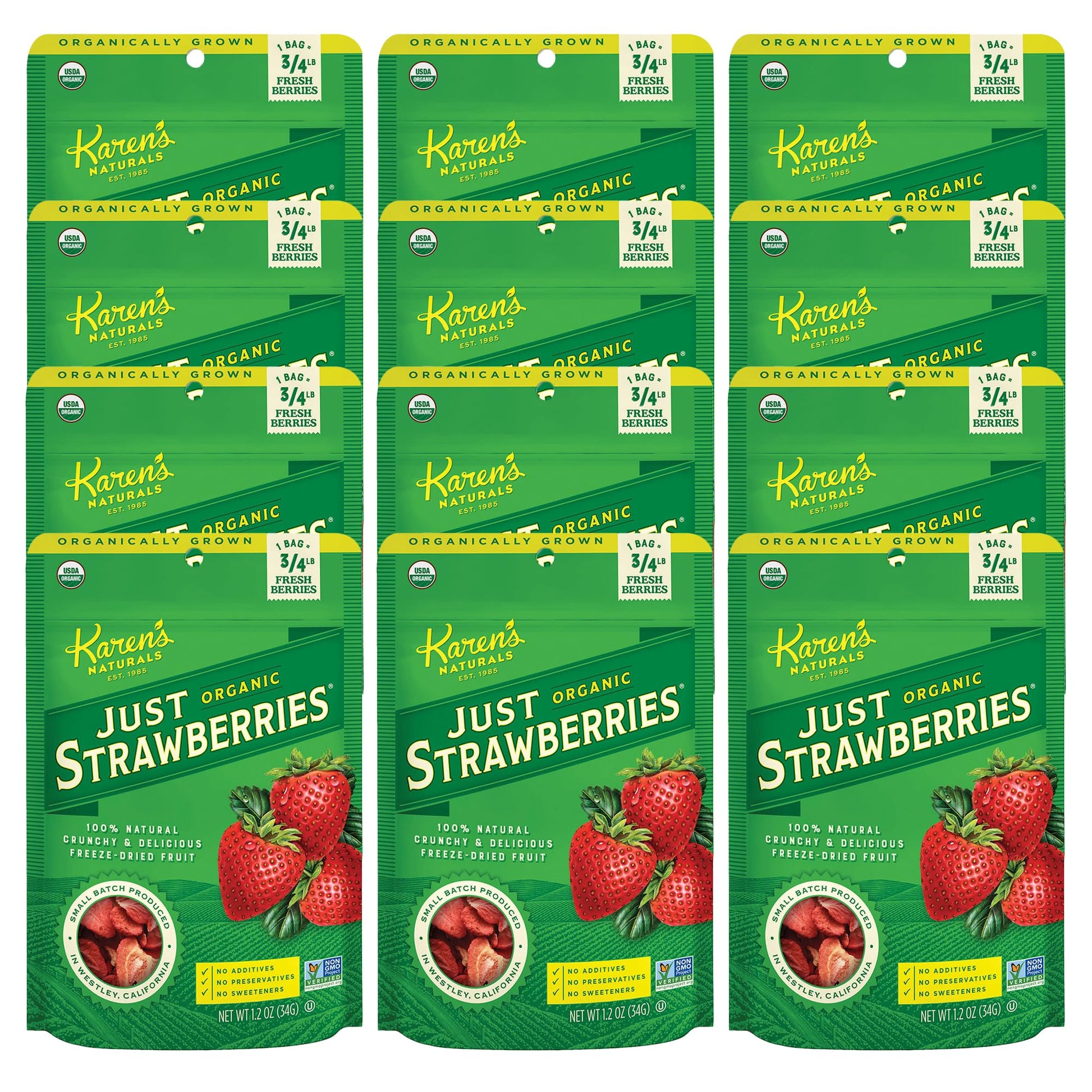 Karens Naturals Organic Freeze-Dried Strawberries, 1.2oz, Pack of 12 - Crunchy, Flavor Packed Freeze Dried Fruit Snack, Organic