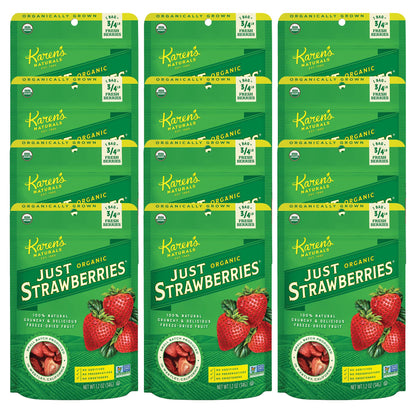 Karens Naturals Organic Freeze-Dried Strawberries, 1.2oz, Pack of 12 - Crunchy, Flavor Packed Freeze Dried Fruit Snack, Organic